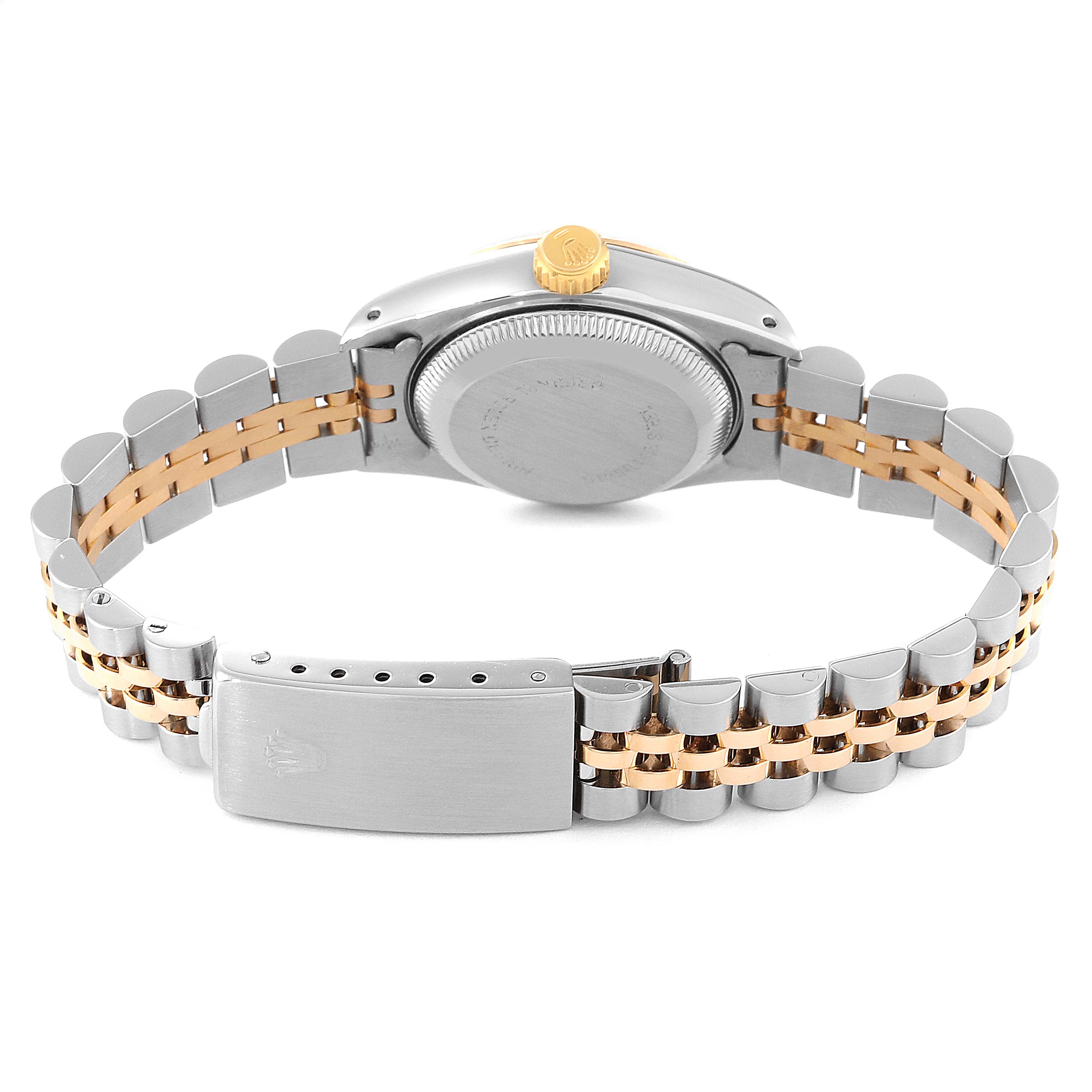This image shows the backside and bracelet of a Rolex Datejust 69173 Women's Steel and Gold (two tone) Champagne Dial 69173 Women's Steel and Gold (two tone) Champagne Dial watch, highlighting the clasp and case back.