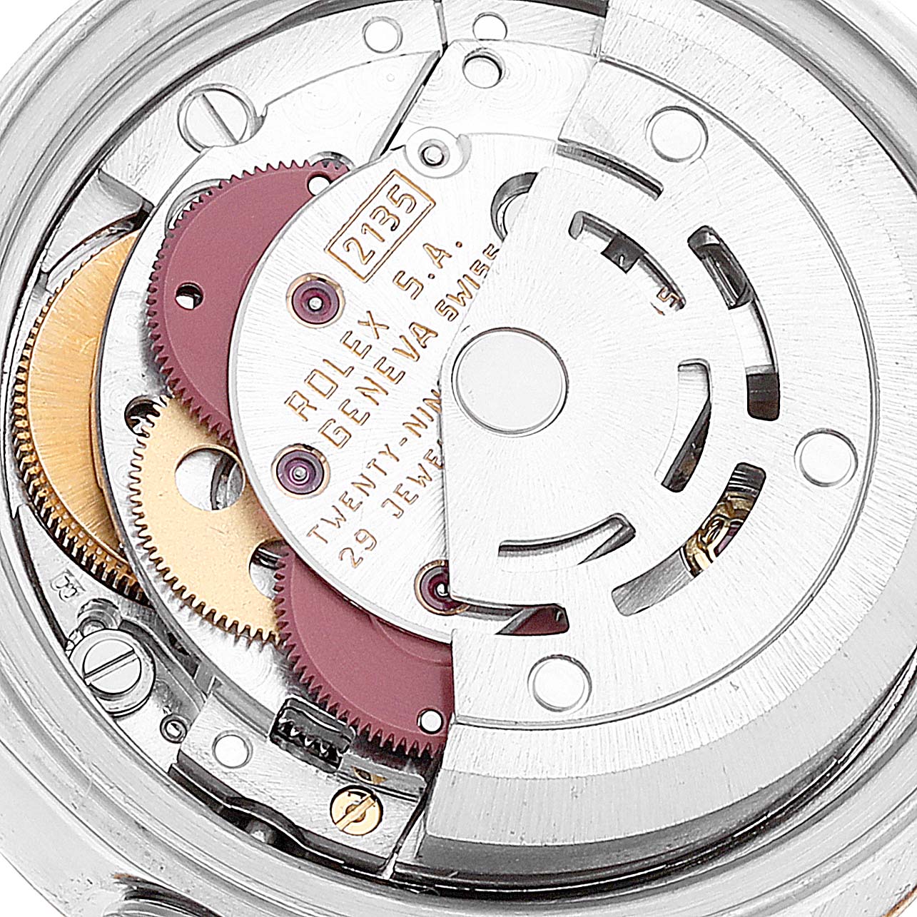 The image shows the internal movement mechanism of the Rolex Datejust 69173 Women's Steel and Gold (two tone) Champagne Dial 69173 Women's Steel and Gold (two tone) Champagne Dial watch from a close-up angle.