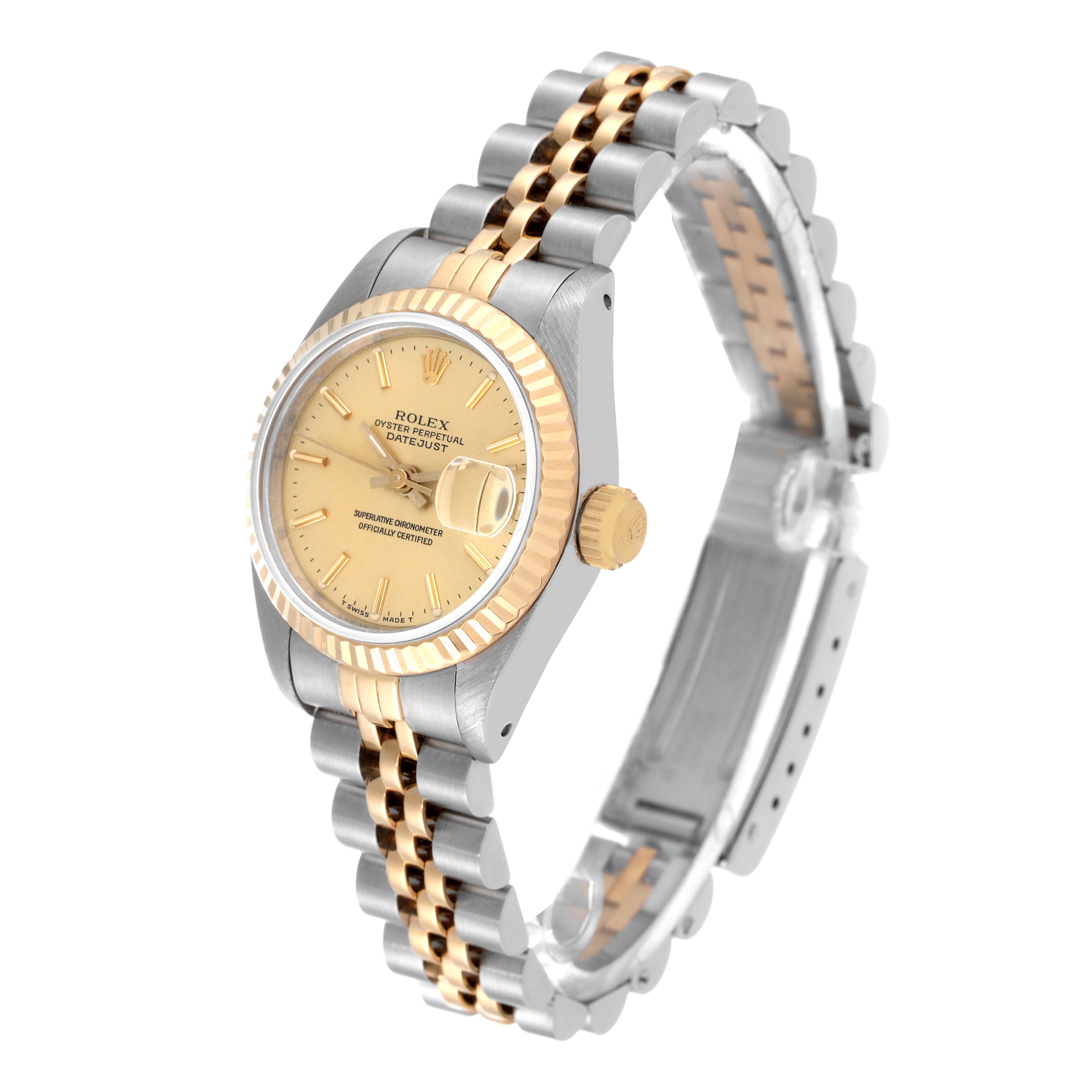 This image shows a Rolex Datejust 69173 Women's Steel and Gold (two tone) Champagne Dial 69173 Women's Steel and Gold (two tone) Champagne Dial watch at an angled view, displaying the face, bezel, crown, and a portion of the bracelet.