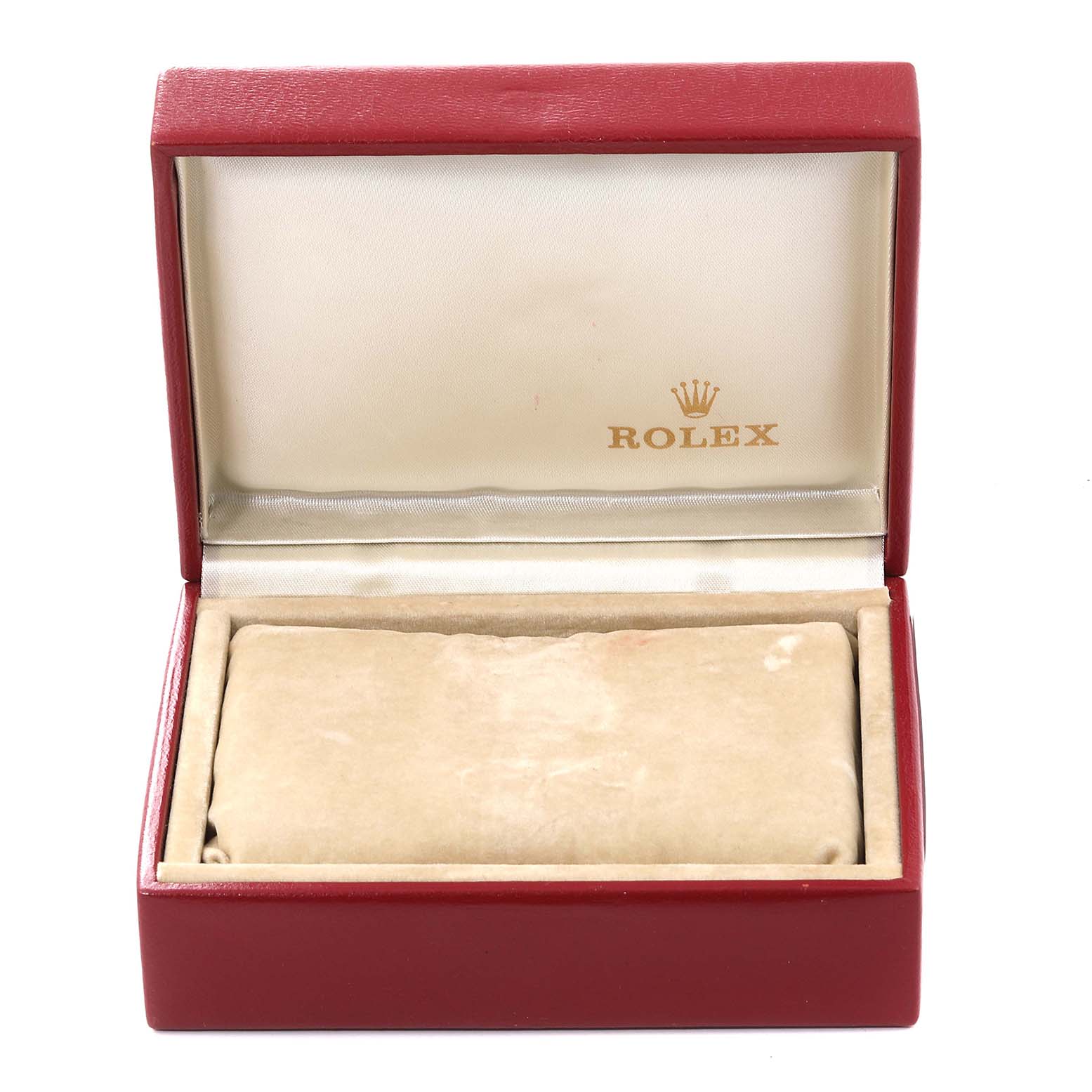 The image shows an empty Rolex Datejust 69173 Women's Steel and Gold (two tone) Champagne Dial 69173 Women's Steel and Gold (two tone) Champagne Dial watch box, open with a beige cushion inside.