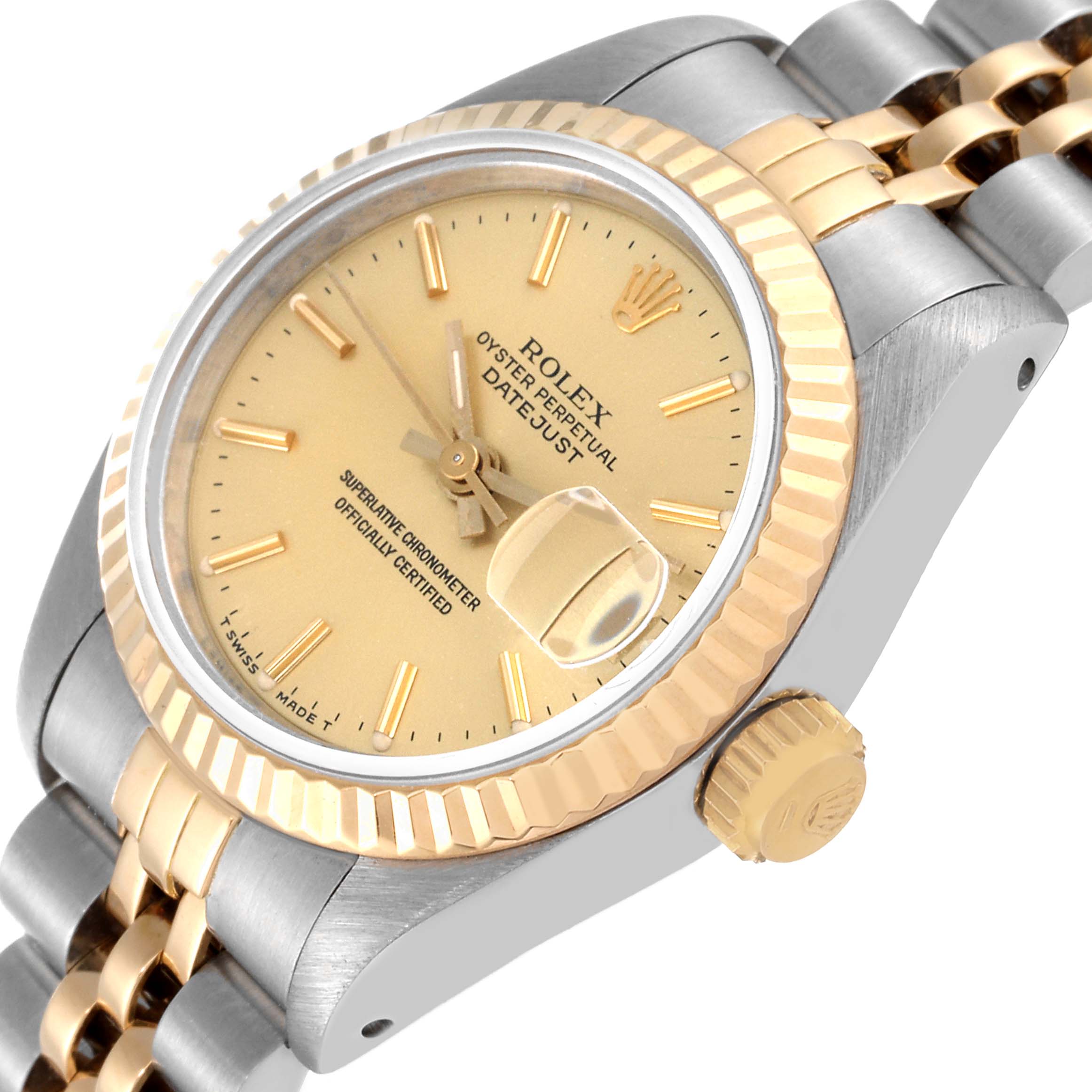 This image shows a close-up angled view of the face, bezel, crown, and part of the bracelet of a Rolex Datejust 69173 Women's Steel and Gold (two tone) Champagne Dial 69173 Women's Steel and Gold (two tone) Champagne Dial watch.