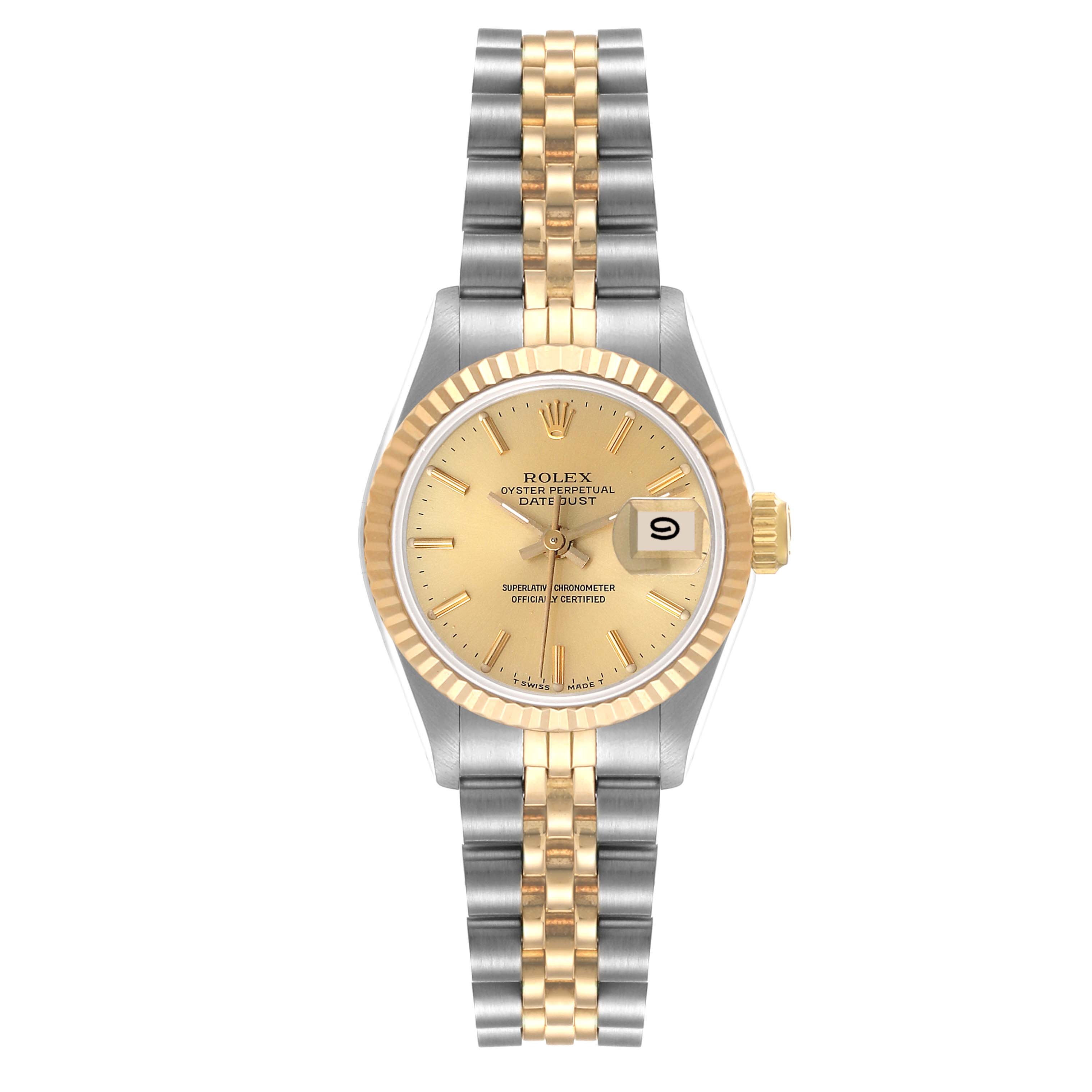 The image shows a Rolex Datejust 69173 Women's Steel and Gold (two tone) Champagne Dial 69173 Women's Steel and Gold (two tone) Champagne Dial watch from a front angle displaying the face, bezel, and bracelet.