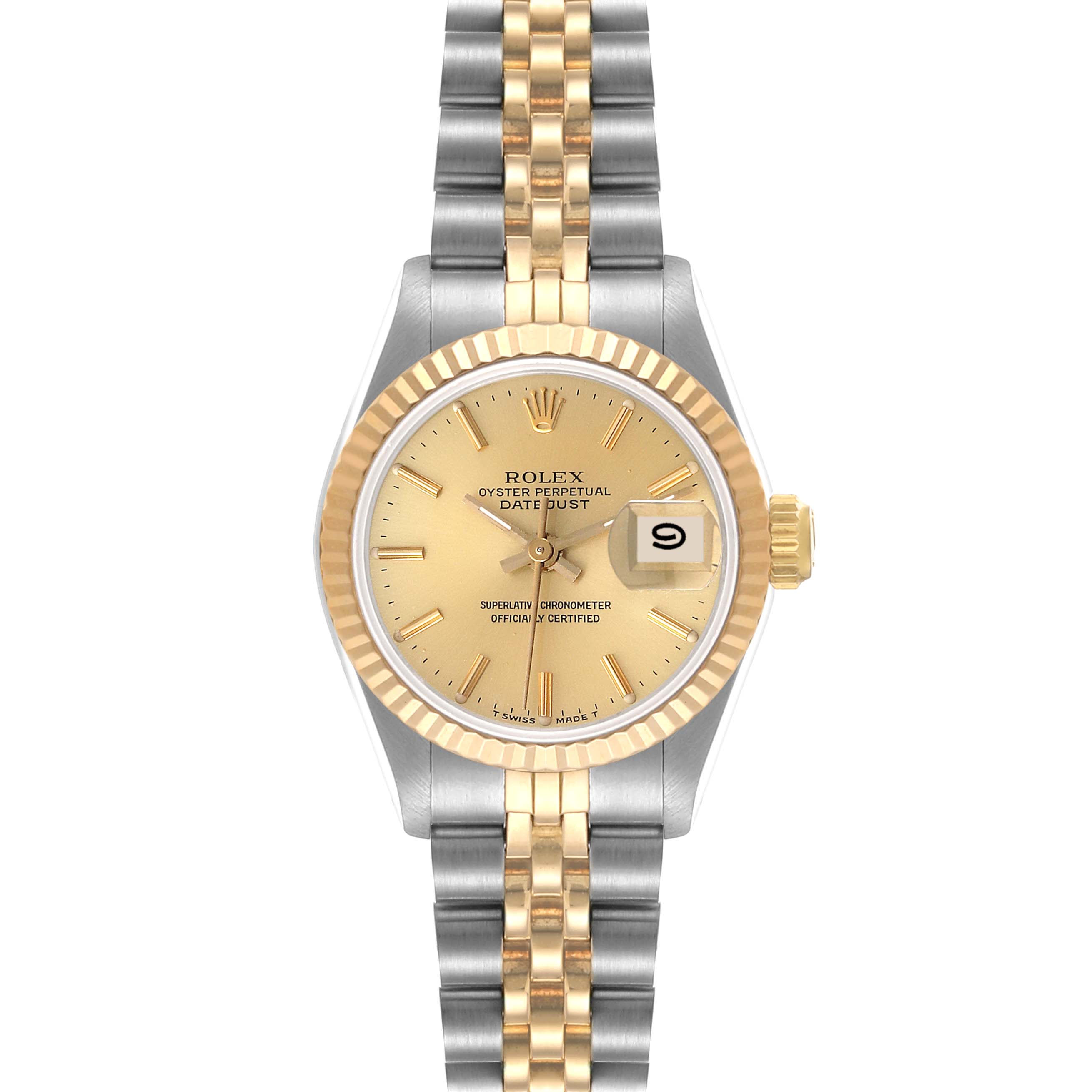 This Rolex Datejust 69173 Women's Steel and Gold (two tone) Champagne Dial 69173 Women's Steel and Gold (two tone) Champagne Dial watch is pictured from a top-down angle, showing the face, bezel, and two-tone metal bracelet.