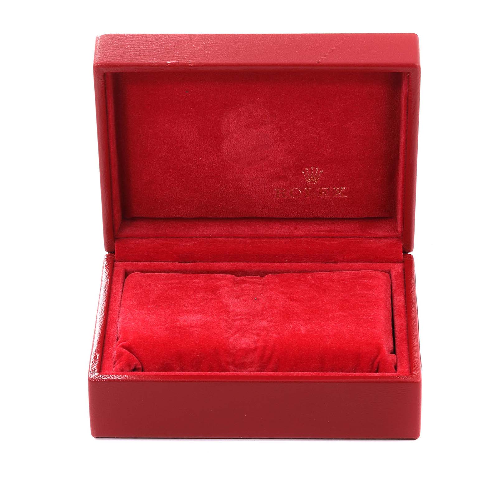 The image shows an open, red velvet-lined Rolex Datejust 69173 Women's Steel and Gold (two tone) Champagne Dial 69173 Women's Steel and Gold (two tone) Champagne Dial watch box with the brand logo visible inside.