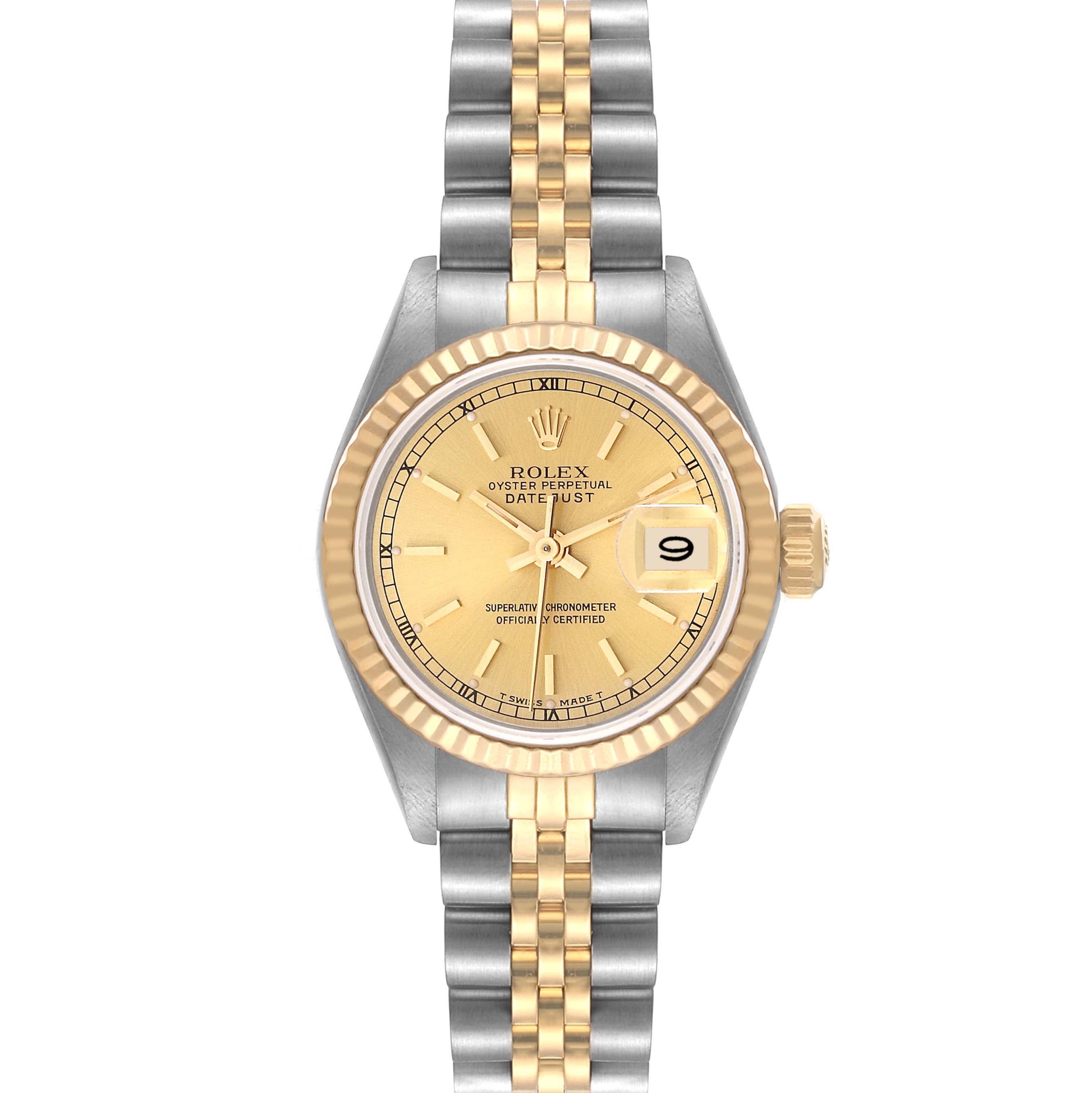 This image shows a front view of the Rolex Datejust 69173 Women's Steel and Gold (two tone) Champagne Dial 69173 Women's Steel and Gold (two tone) Champagne Dial watch, displaying its dial, bezel, and two-tone bracelet.