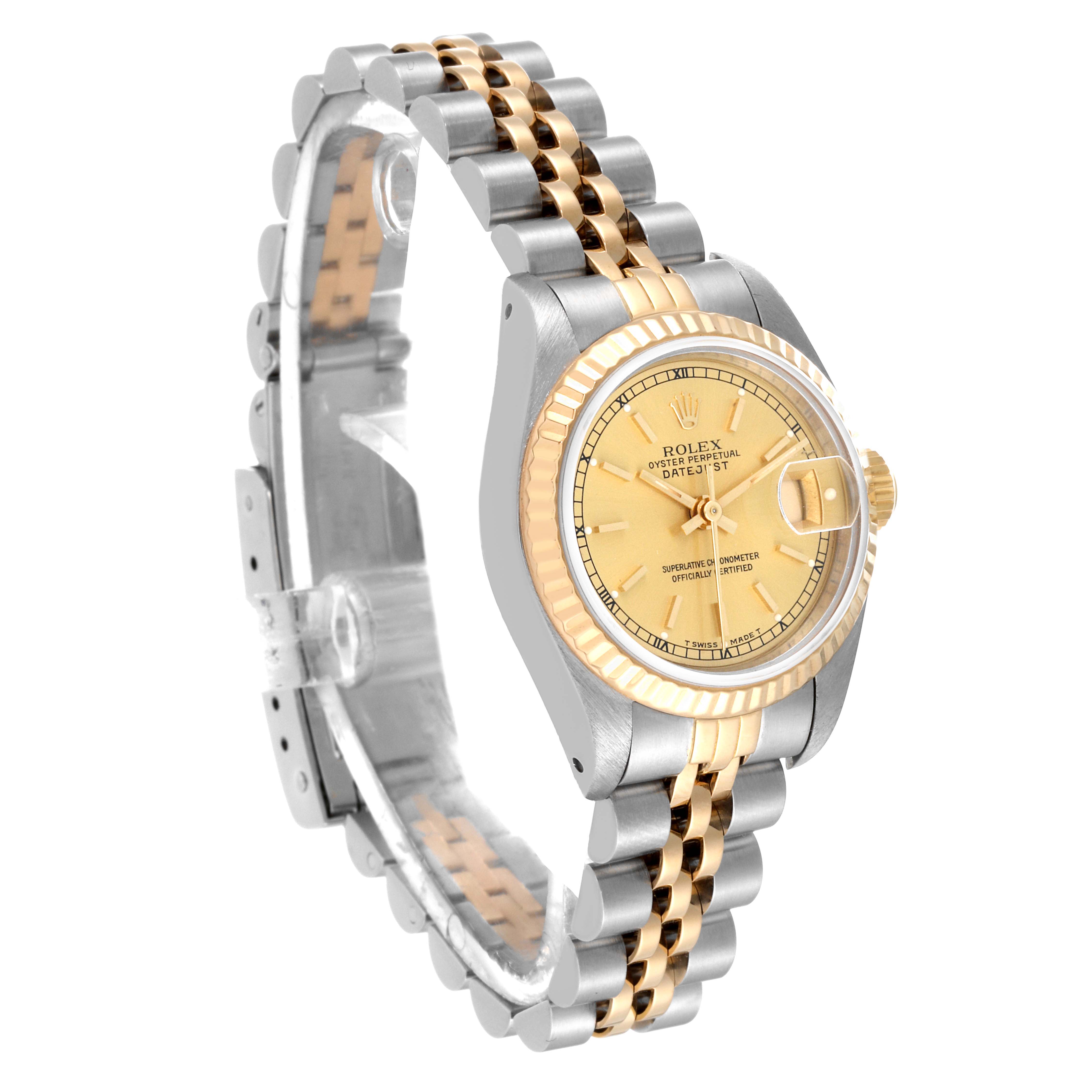 This image shows a Rolex Datejust 69173 Women's Steel and Gold (two tone) Champagne Dial 69173 Women's Steel and Gold (two tone) Champagne Dial watch from a three-quarter left angle, highlighting the face, bezel, and bracelet.
