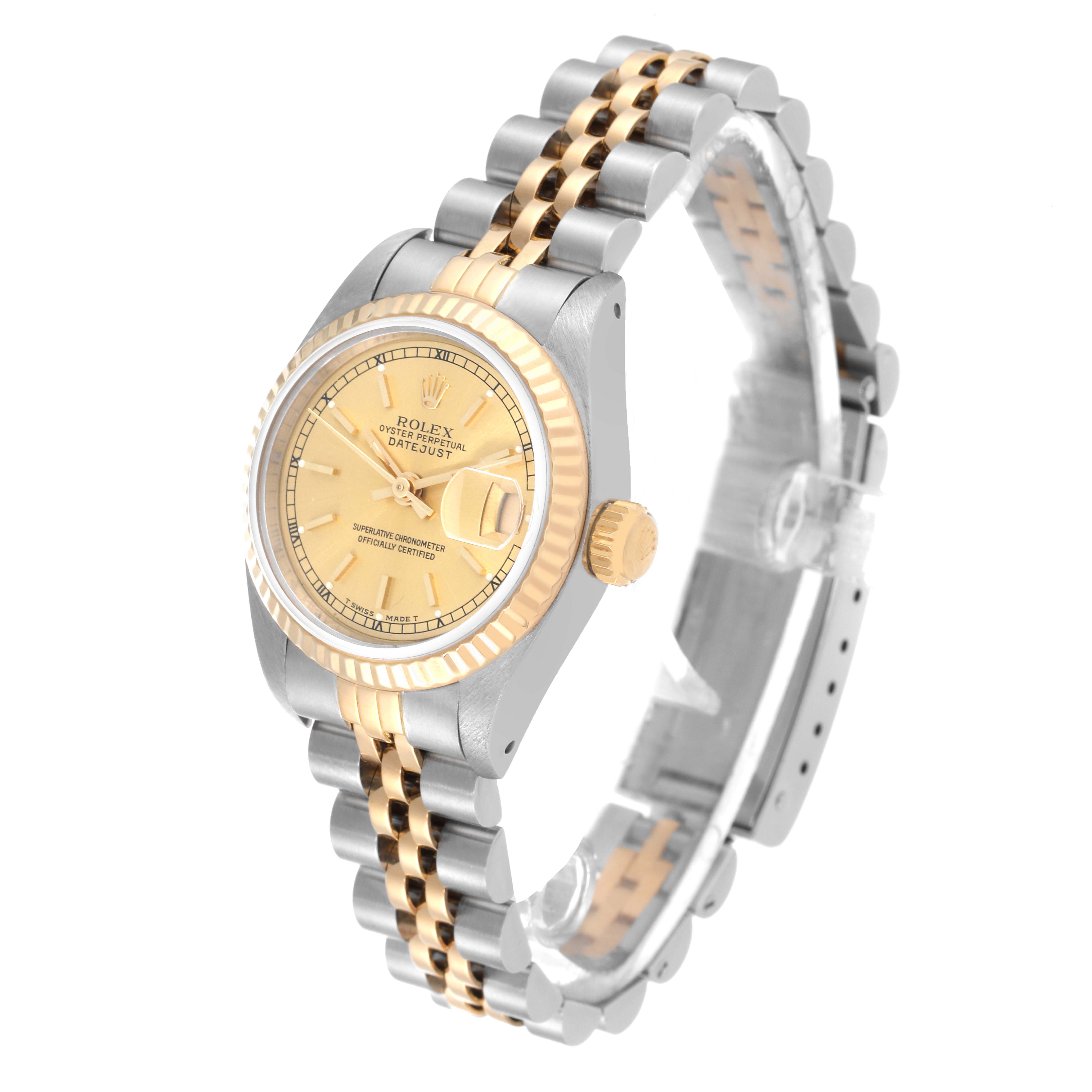 This image shows a side angle view of the Rolex Datejust 69173 Women's Steel and Gold (two tone) Champagne Dial 69173 Women's Steel and Gold (two tone) Champagne Dial, highlighting the dial, bezel, crown, and bracelet.