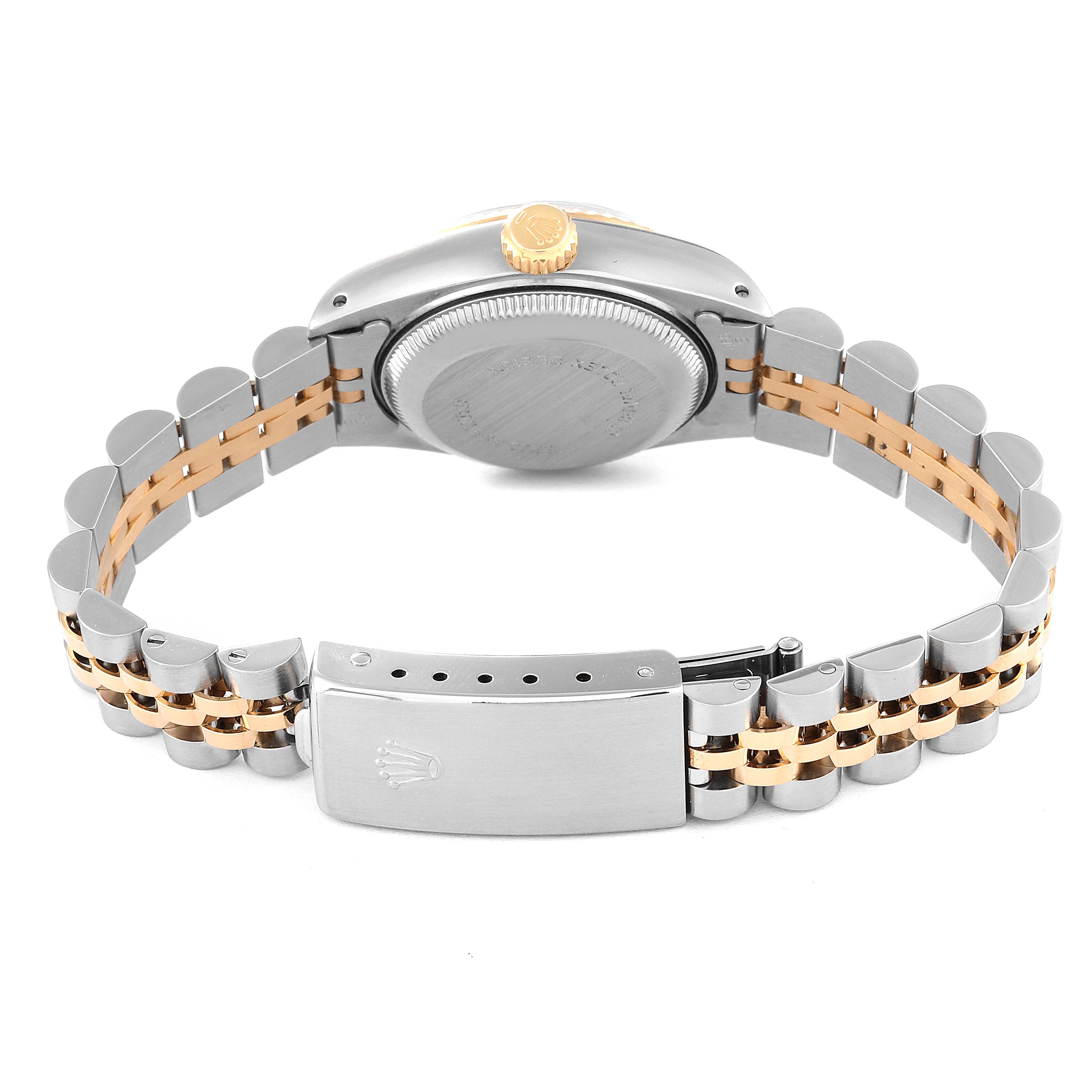 This image shows the back view of a Rolex Datejust 69173 Women's Steel and Gold (two tone) Champagne Dial 69173 Women's Steel and Gold (two tone) Champagne Dial watch, highlighting the case back, crown, and two-tone Jubilee bracelet.