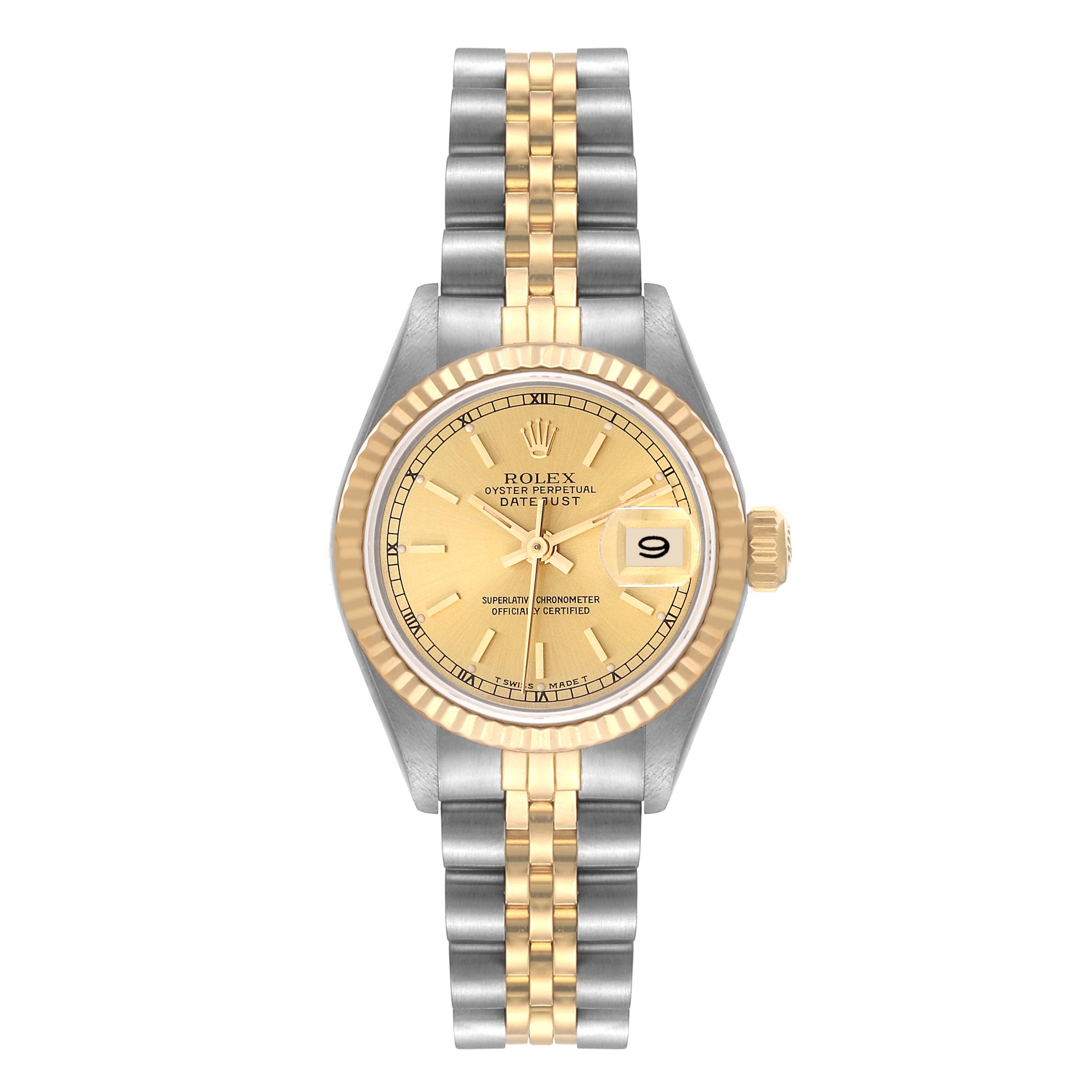 This is a front view of a Rolex Datejust 69173 Women's Steel and Gold (two tone) Champagne Dial 69173 Women's Steel and Gold (two tone) Champagne Dial watch showing the face, bezel, crown, and two-tone bracelet.