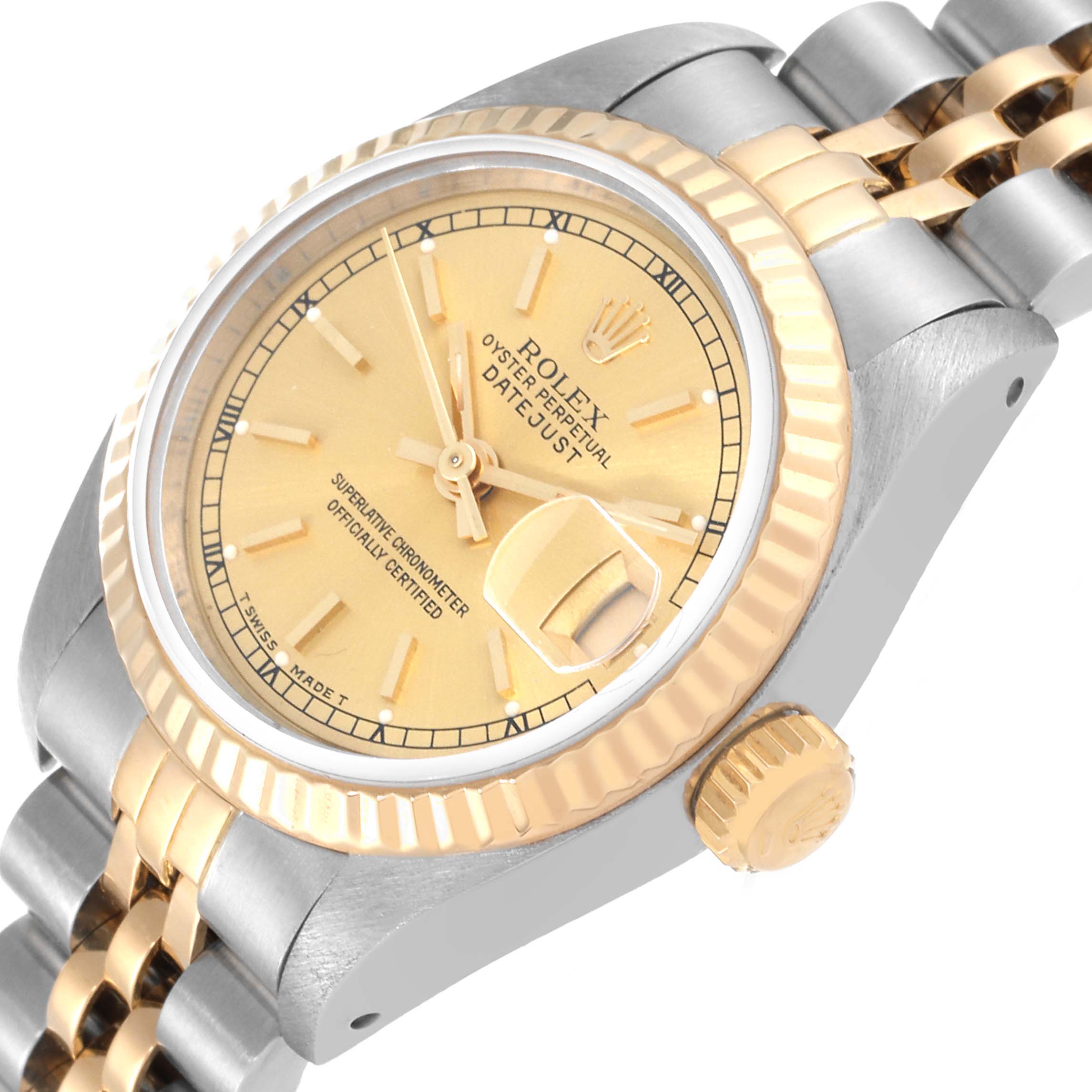 The image shows a Rolex Datejust 69173 Women's Steel and Gold (two tone) Champagne Dial 69173 Women's Steel and Gold (two tone) Champagne Dial watch at an angle highlighting its gold dial, fluted bezel, and jubilee bracelet.