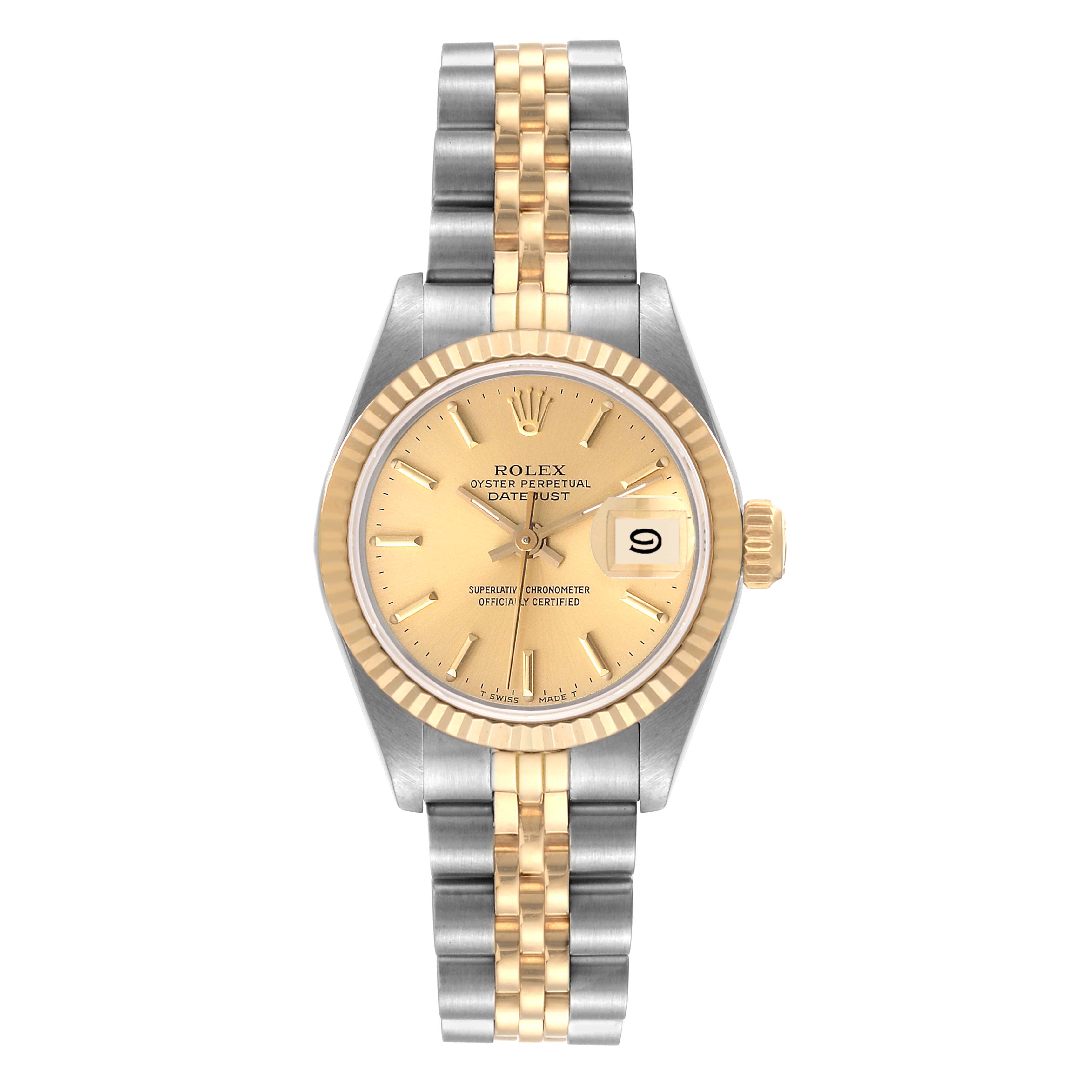The image shows a front view of a Rolex Datejust 69173 Women's Steel and Gold (two tone) Champagne Dial 69173 Women's Steel and Gold (two tone) Champagne Dial watch, featuring a bicolor metal bracelet and a champagne dial with a date window.