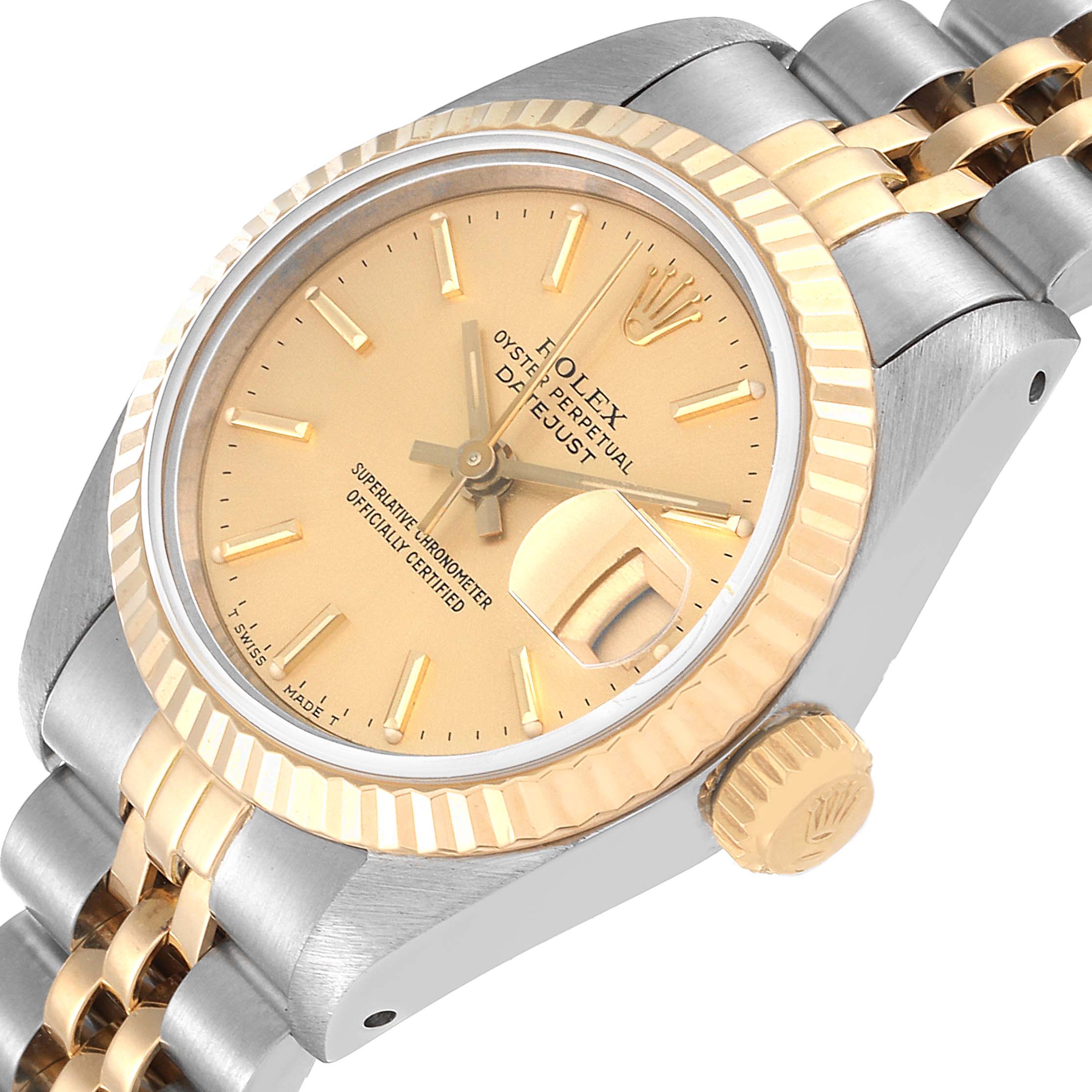 The image shows a close-up of a Rolex Datejust 69173 Women's Steel and Gold (two tone) Champagne Dial 69173 Women's Steel and Gold (two tone) Champagne Dial watch, highlighting the dial, bezel, crown, and part of the bracelet.