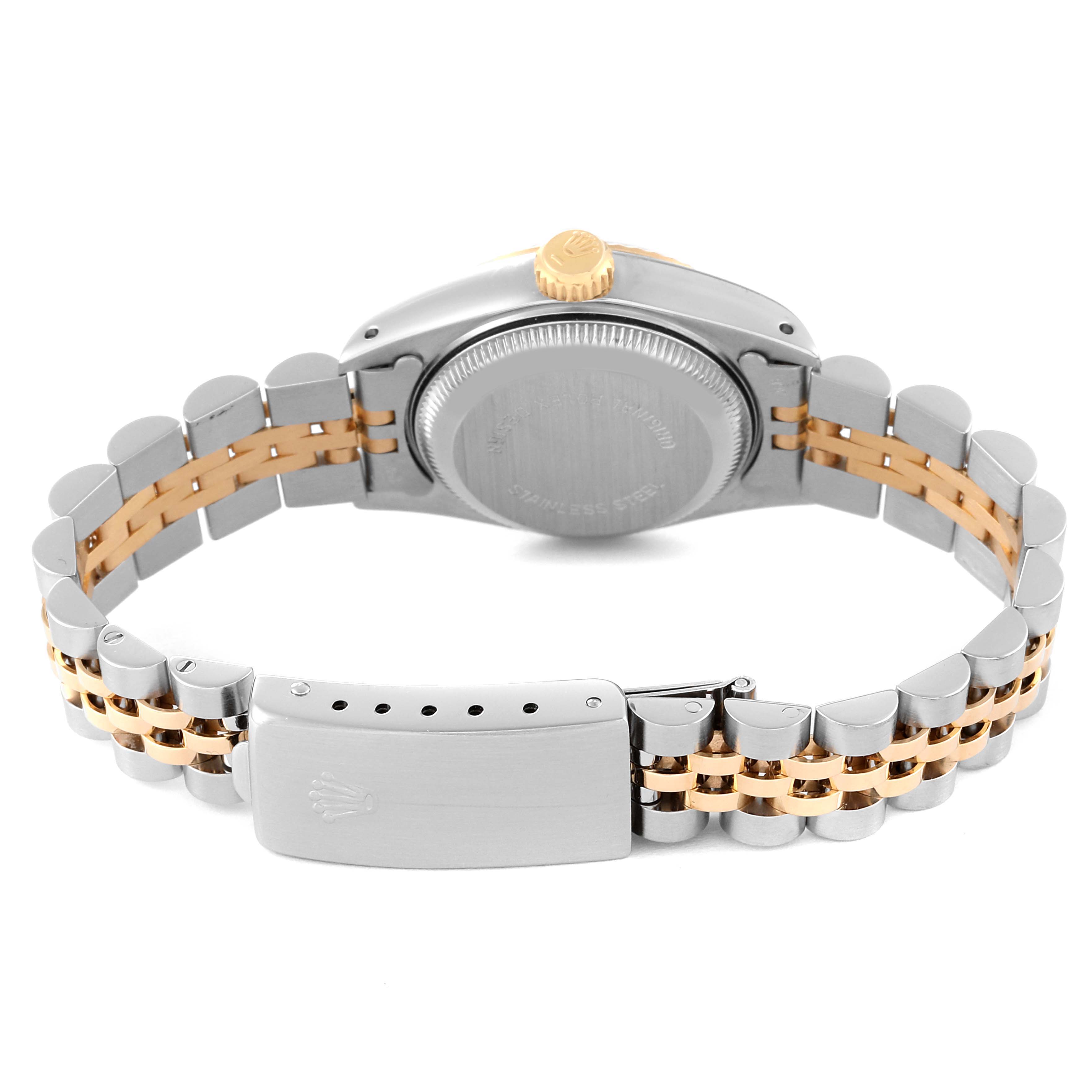 The image shows the back angle of a Rolex Datejust 69173 Women's Steel and Gold (two tone) Champagne Dial 69173 Women's Steel and Gold (two tone) Champagne Dial watch, highlighting the stainless steel and gold Jubilee bracelet and the closed clasp.