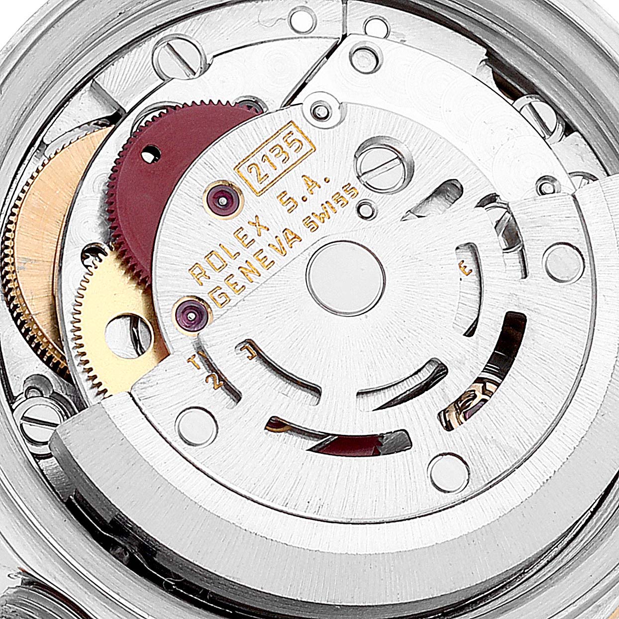 This image shows the internal movement mechanism of the Rolex Datejust 69173 Women's Steel and Gold (two tone) Champagne Dial 69173 Women's Steel and Gold (two tone) Champagne Dial watch model from an overhead angle.