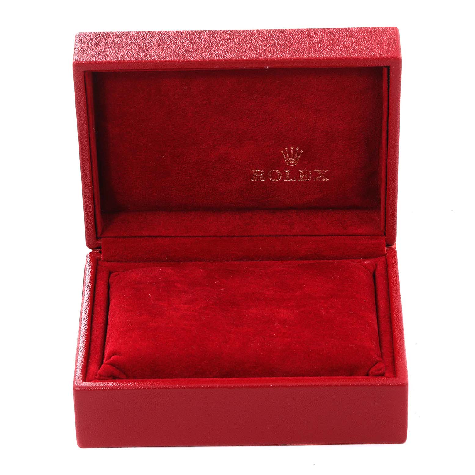 A red Rolex box for the Datejust model is shown, with the lid open, revealing the interior cushion.