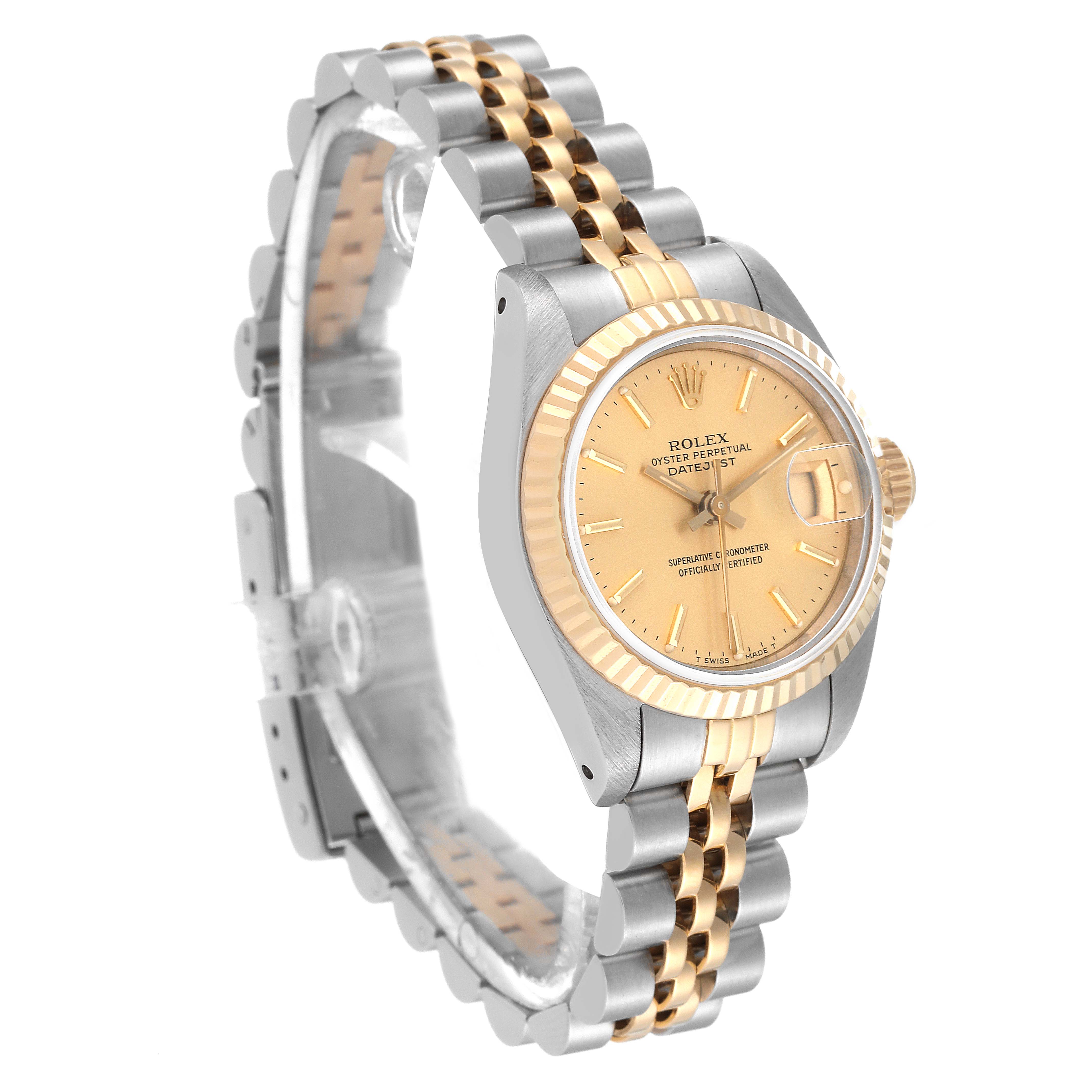 The Rolex Datejust 69173 Women's Steel and Gold (two tone) Champagne Dial 69173 Women's Steel and Gold (two tone) Champagne Dial watch is shown at a slight angle, highlighting its gold and silver bracelet, bezel, and dial.