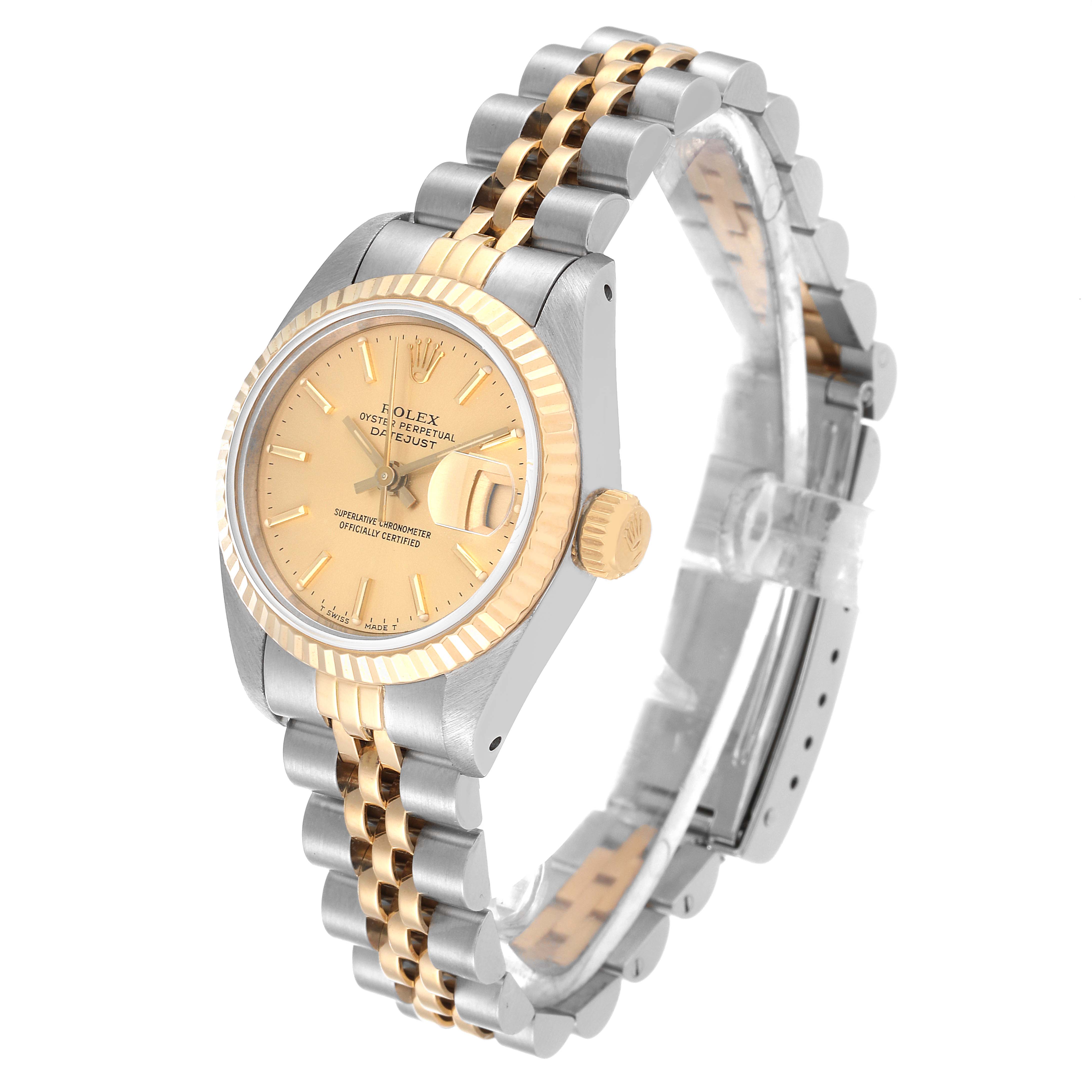 The Rolex Datejust 69173 Women's Steel and Gold (two tone) Champagne Dial 69173 Women's Steel and Gold (two tone) Champagne Dial model watch is shown at an angled side view, displaying the face, bezel, and two-tone bracelet.