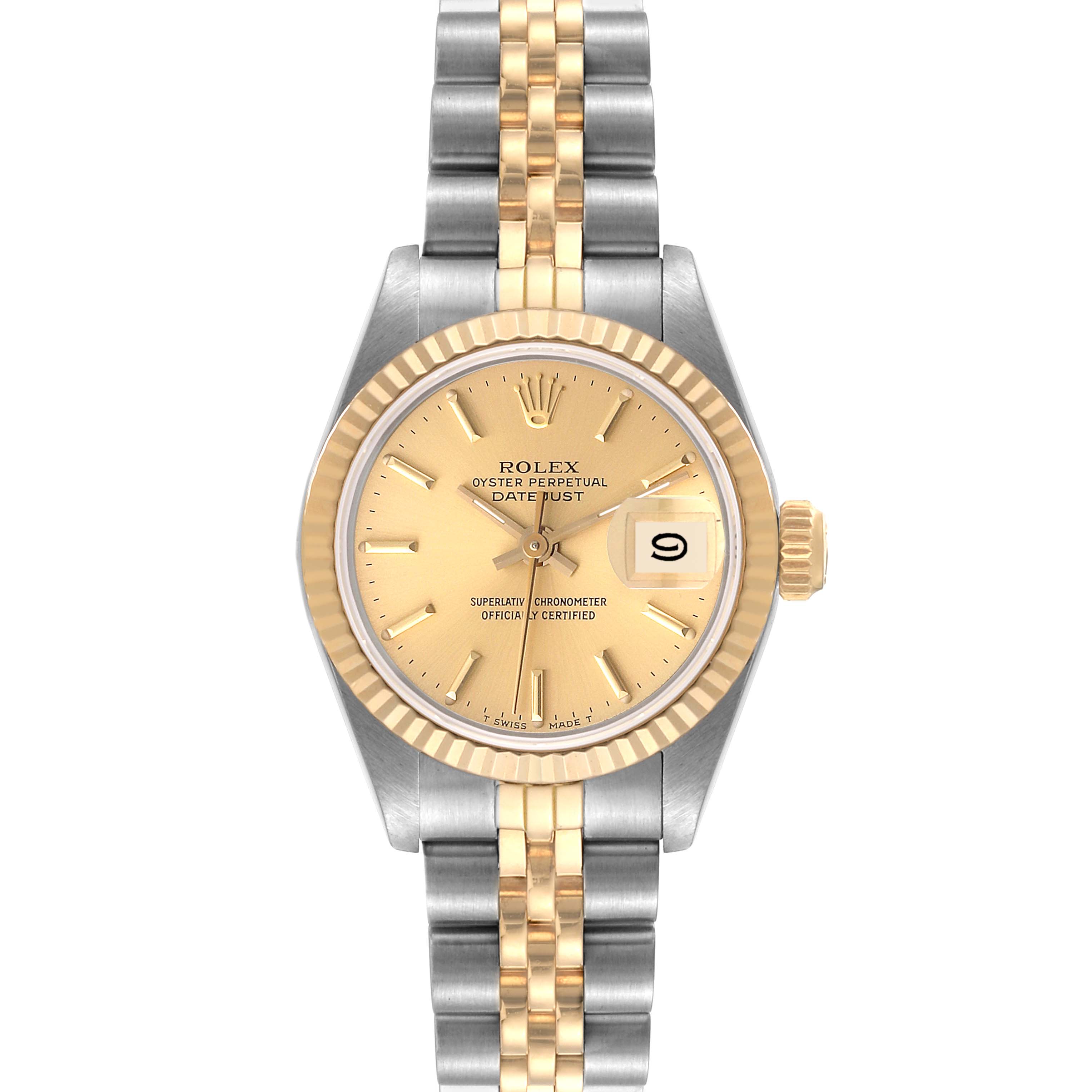 This image shows a front view of the Rolex Datejust 69173 Women's Steel and Gold (two tone) Champagne Dial 69173 Women's Steel and Gold (two tone) Champagne Dial with a gold dial and a two-tone metal bracelet.