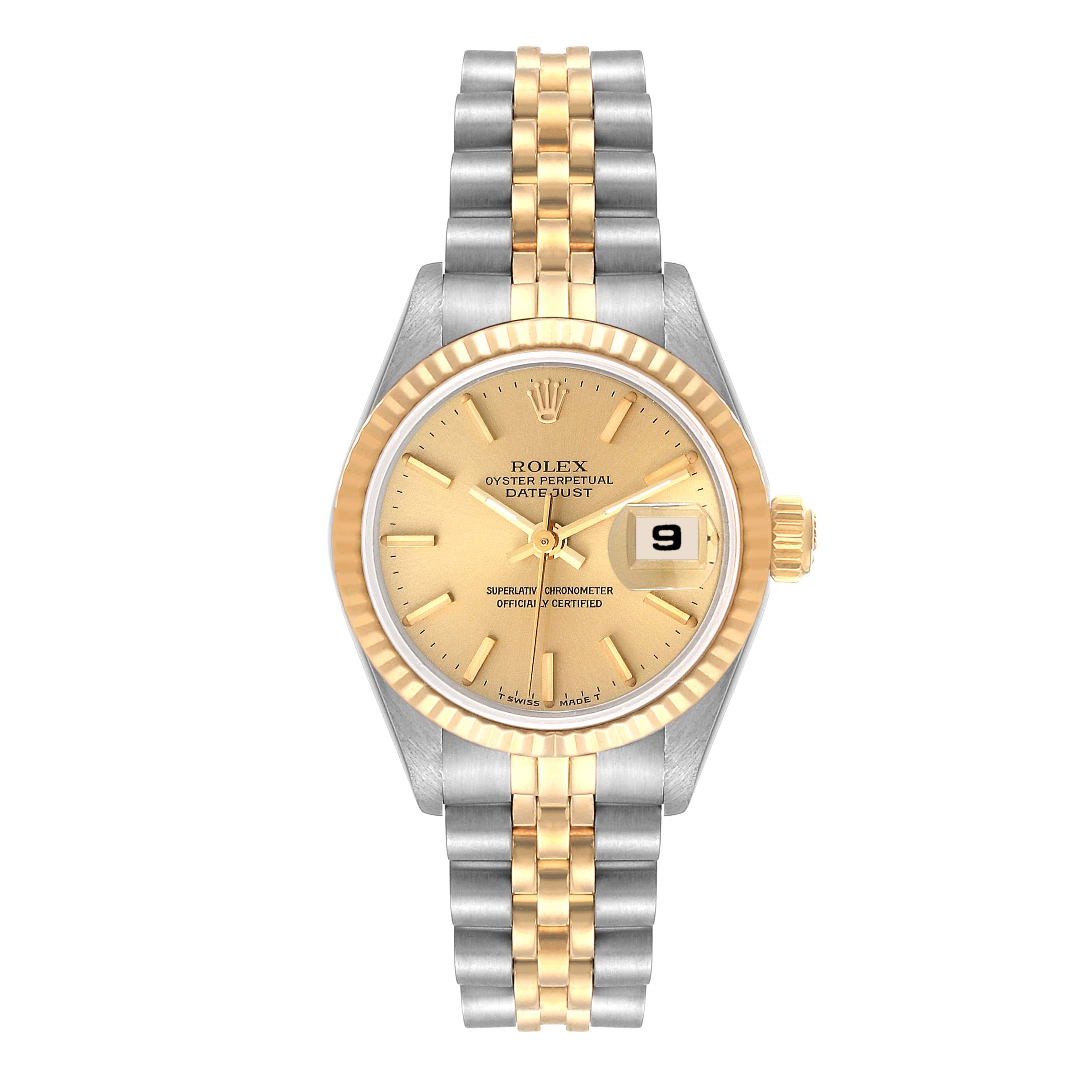 This image shows a front view of the Rolex Datejust 69173 Women's Steel and Gold (two tone) Champagne Dial 69173 Women's Steel and Gold (two tone) Champagne Dial watch, highlighting its gold dial, fluted bezel, and two-tone bracelet.