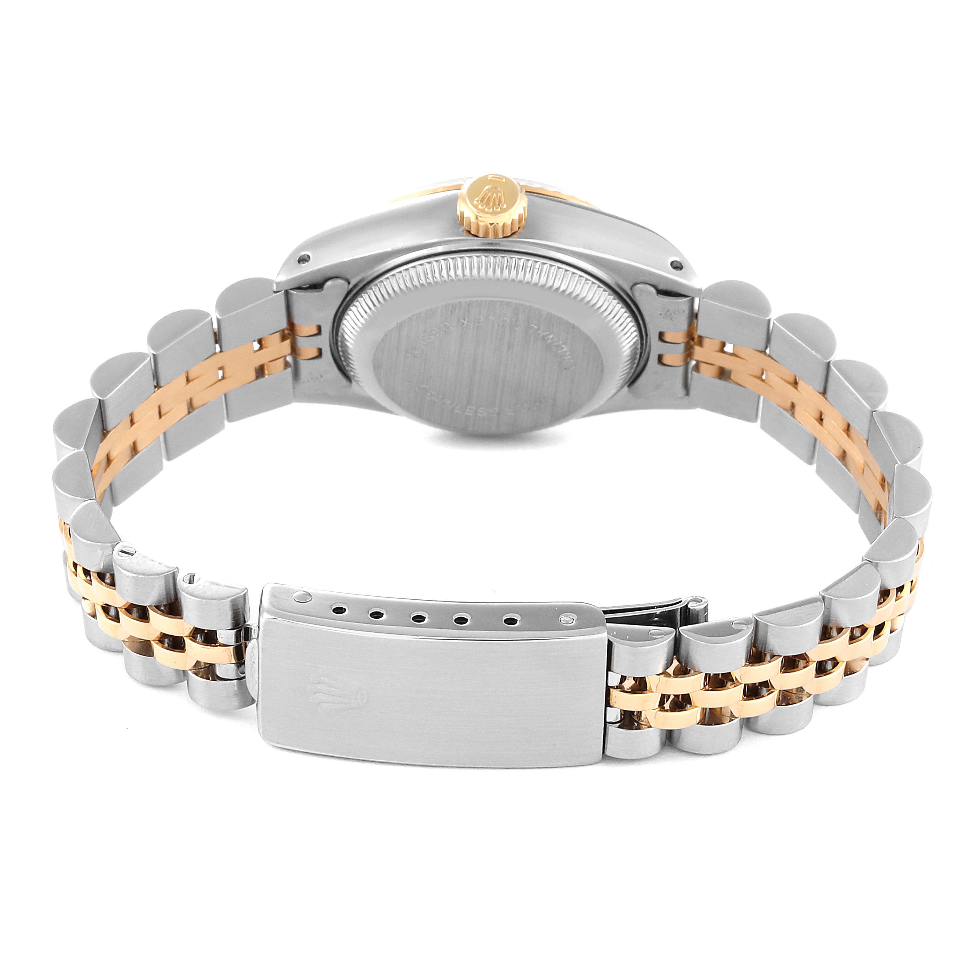 This image shows the back view of a Rolex Datejust 69173 Women's Steel and Gold (two tone) Champagne Dial 69173 Women's Steel and Gold (two tone) Champagne Dial watch, highlighting the caseback, crown, and two-tone bracelet with the clasp.