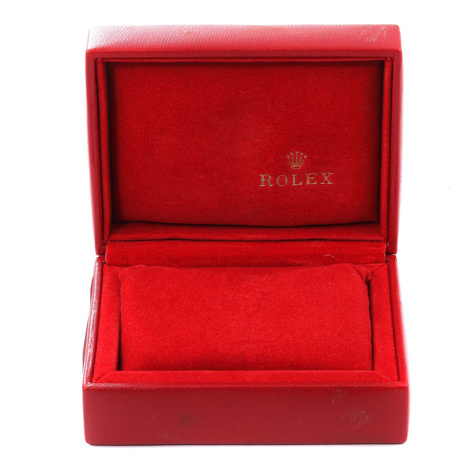 The image shows an open red Rolex box for the Datejust model without the watch inside.