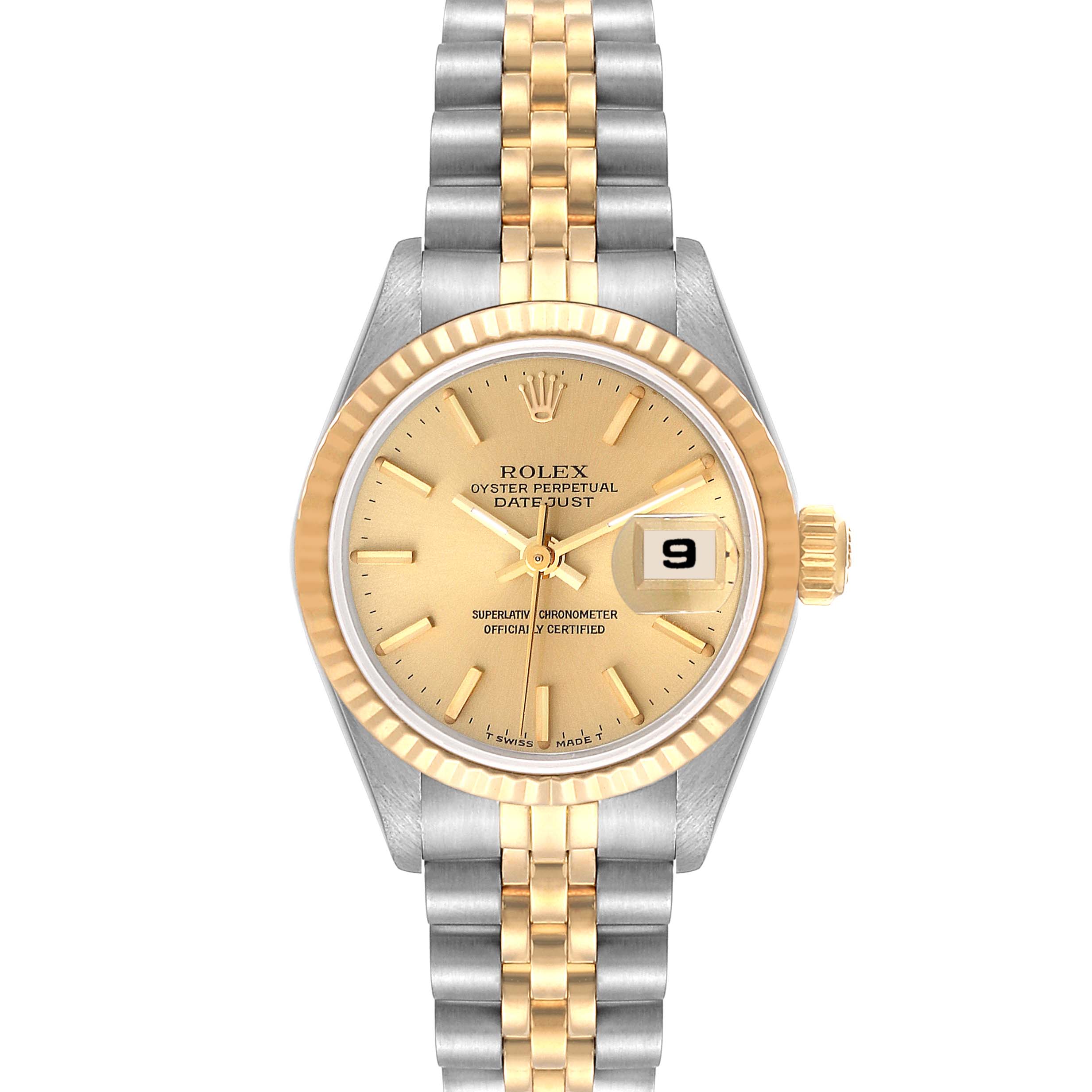 This image shows a front view of a Rolex Datejust 69173 Women's Steel and Gold (two tone) Champagne Dial 69173 Women's Steel and Gold (two tone) Champagne Dial watch, highlighting the dial, bezel, crown, and bracelet.