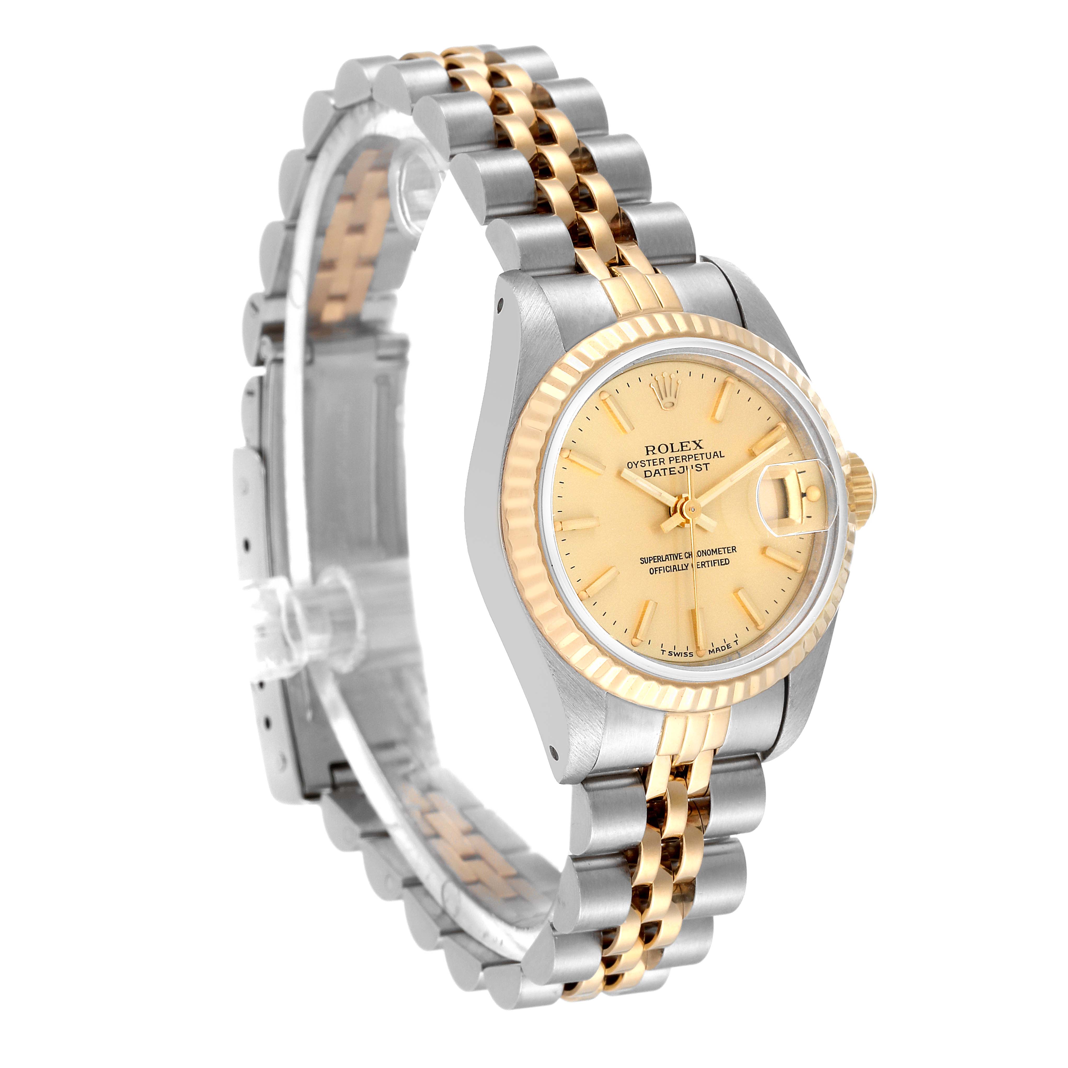 This Rolex Datejust 69173 Women's Steel and Gold (two tone) Champagne Dial 69173 Women's Steel and Gold (two tone) Champagne Dial watch is shown at an angle displaying the face, bezel, crown, and two-tone bracelet.