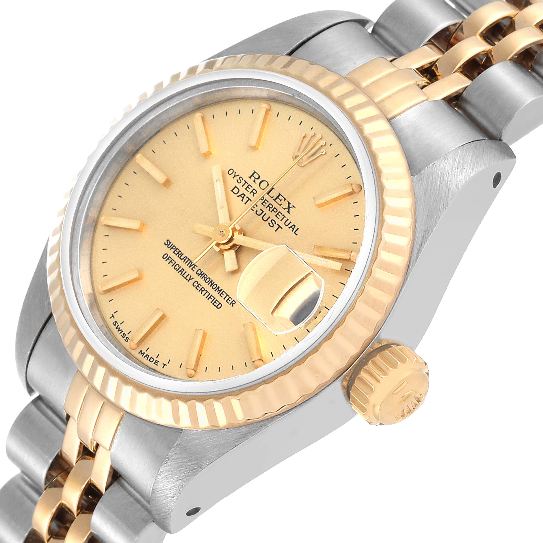 This image shows a close-up angle of the dial, bezel, crown, and part of the bracelet of a Rolex Datejust 69173 Women's Steel and Gold (two tone) Champagne Dial 69173 Women's Steel and Gold (two tone) Champagne Dial watch.