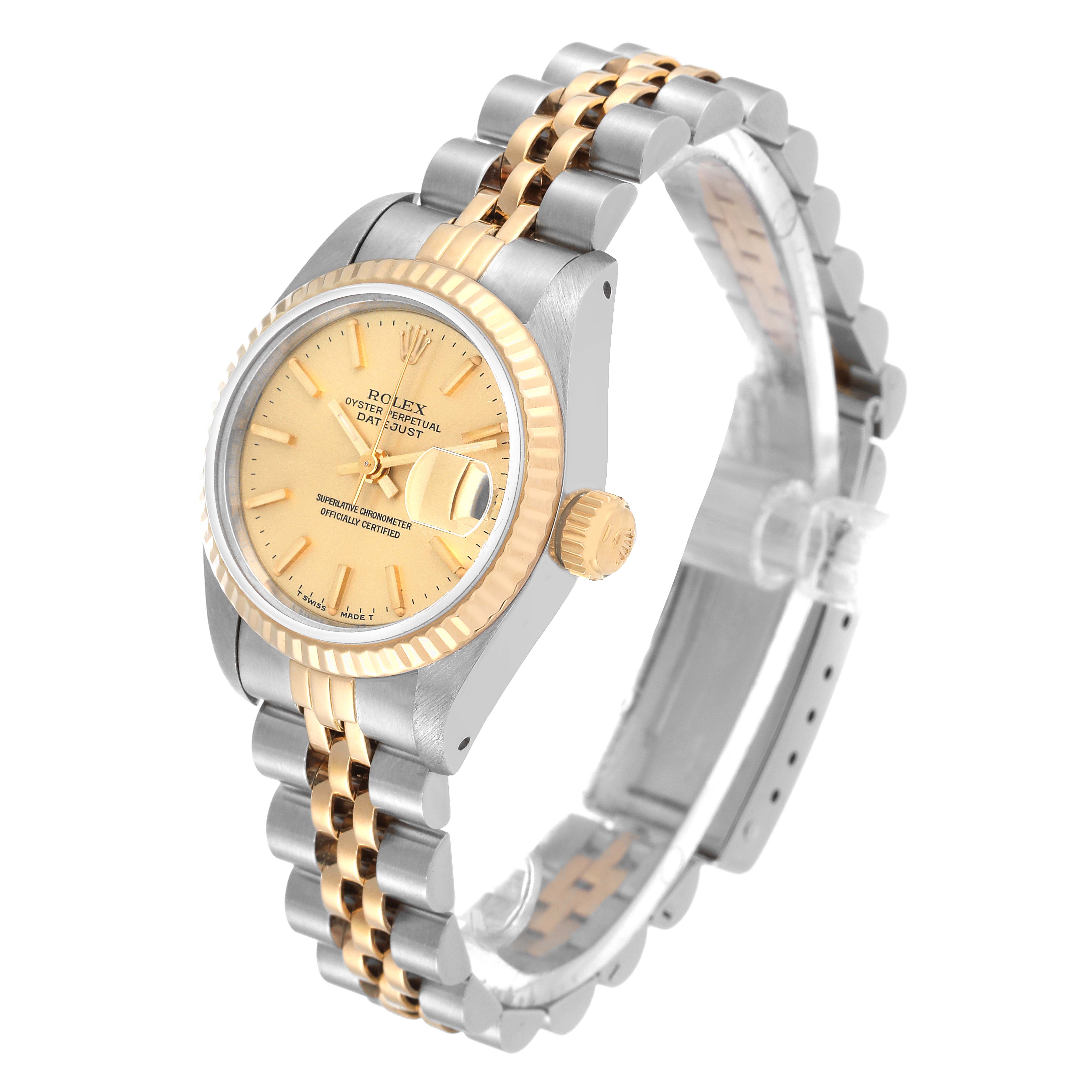 The Rolex Datejust 69173 Women's Steel and Gold (two tone) Champagne Dial 69173 Women's Steel and Gold (two tone) Champagne Dial watch is shown at a three-quarter angle, displaying the face, crown, bezel, and two-tone bracelet.