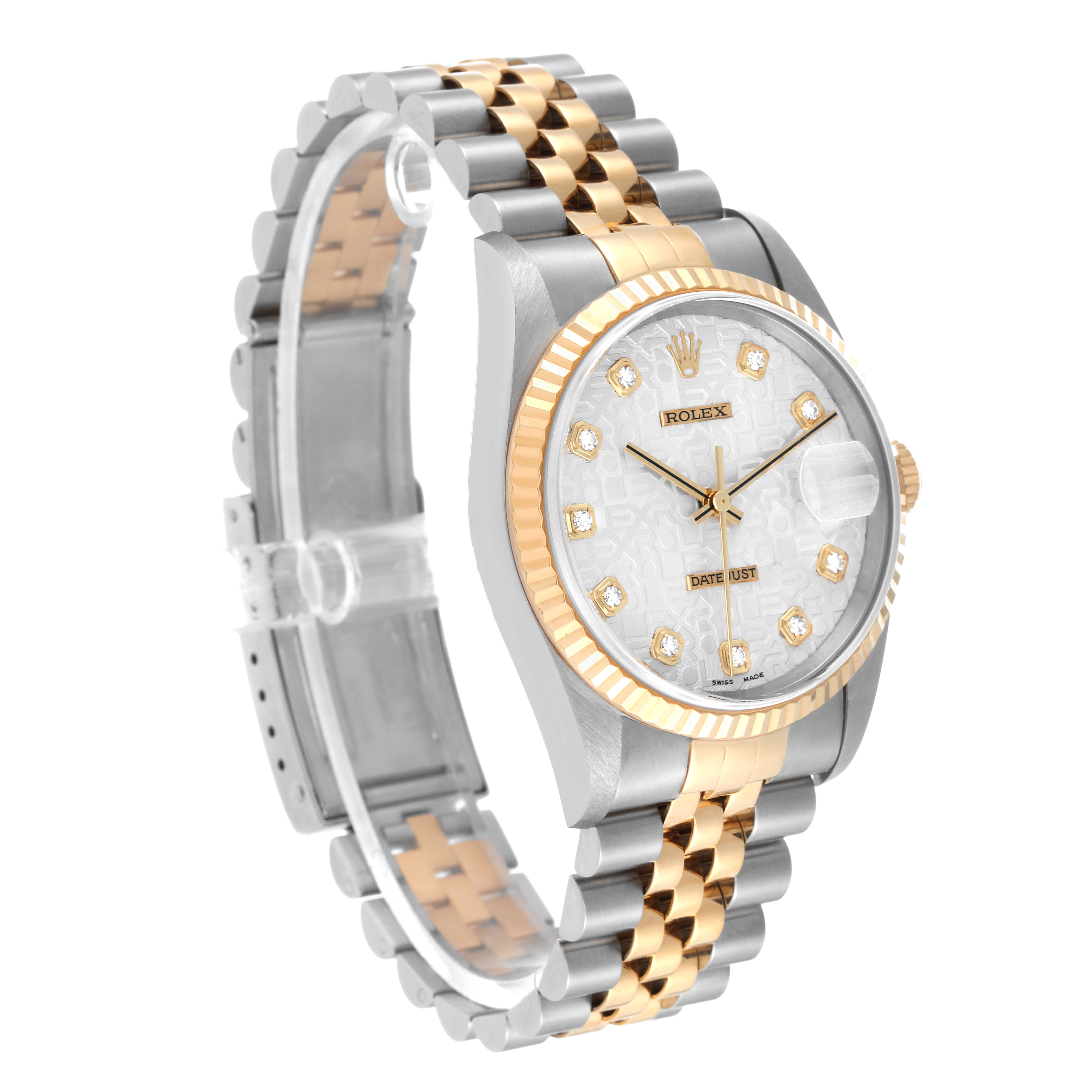 The image shows a Rolex Datejust 16233 Men's Steel and Gold (two tone) Silver Dial 16233 Men's Steel and Gold (two tone) Silver Dial watch at a three-quarter angle, highlighting the face, bezel, case, and bracelet.