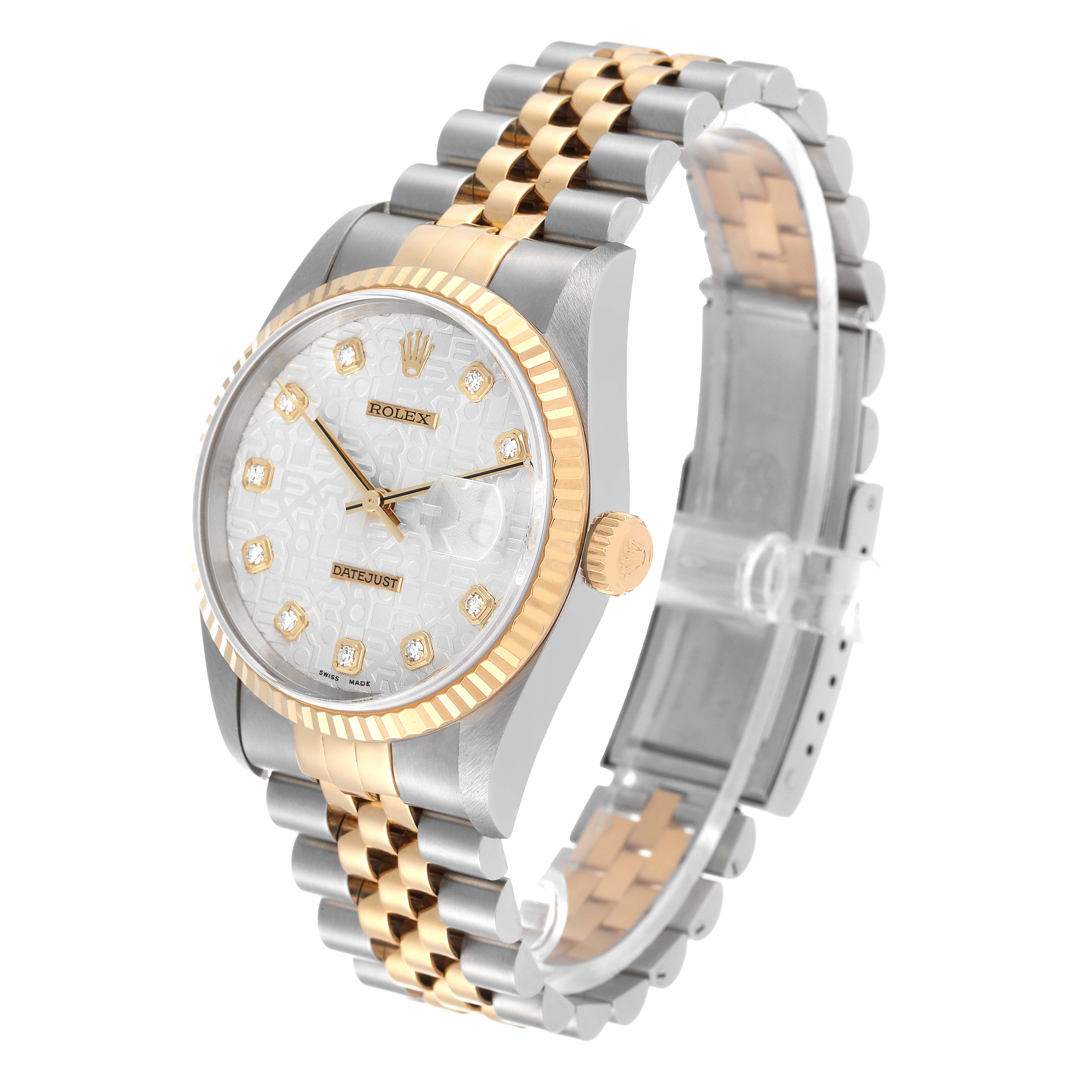 The image shows a Rolex Datejust 16233 Men's Steel and Gold (two tone) Silver Dial 16233 Men's Steel and Gold (two tone) Silver Dial watch viewed from a front angle, highlighting the dial, bezel, crown, and bracelet.