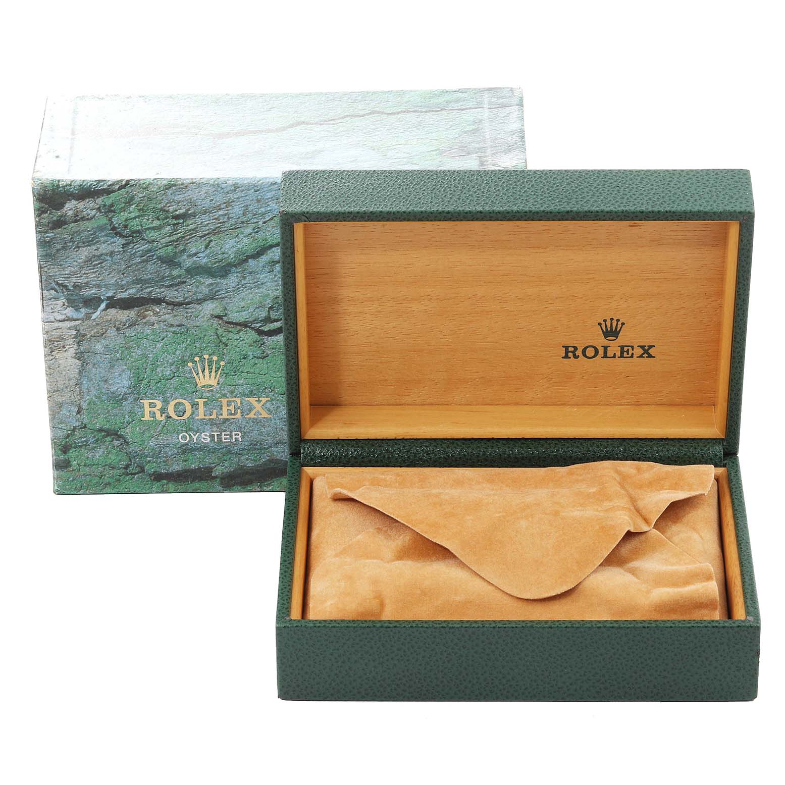 The image shows a Rolex Datejust 16233 Men's Steel and Gold (two tone) Silver Dial 16233 Men's Steel and Gold (two tone) Silver Dial watch box and packaging, including an open outer box and a green inner box with a watch pouch.