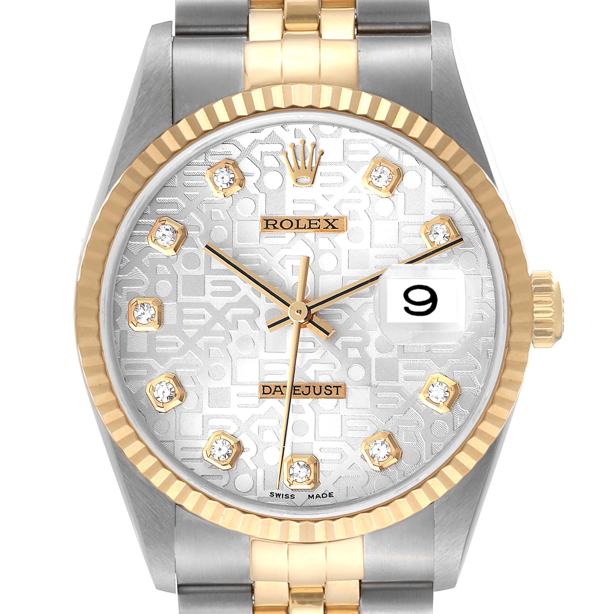 The image shows a front-facing view of the Rolex Datejust 16233 Men's Steel and Gold (two tone) Silver Dial 16233 Men's Steel and Gold (two tone) Silver Dial, highlighting its dial, bezel, and bracelet.