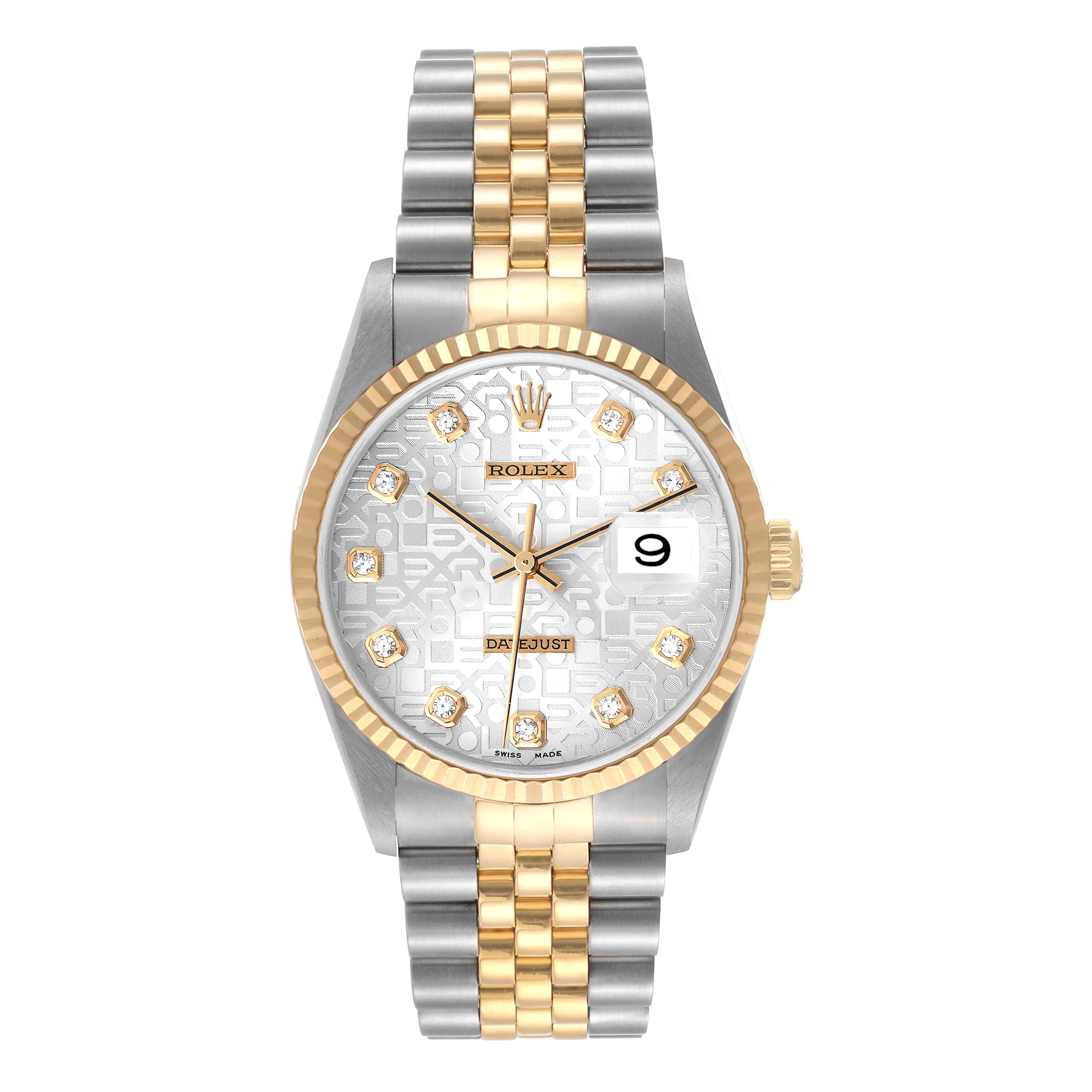 The image shows a front view of a Rolex Datejust 16233 Men's Steel and Gold (two tone) Silver Dial 16233 Men's Steel and Gold (two tone) Silver Dial watch, displaying its two-tone bracelet, fluted bezel, and dial with diamond hour markers.