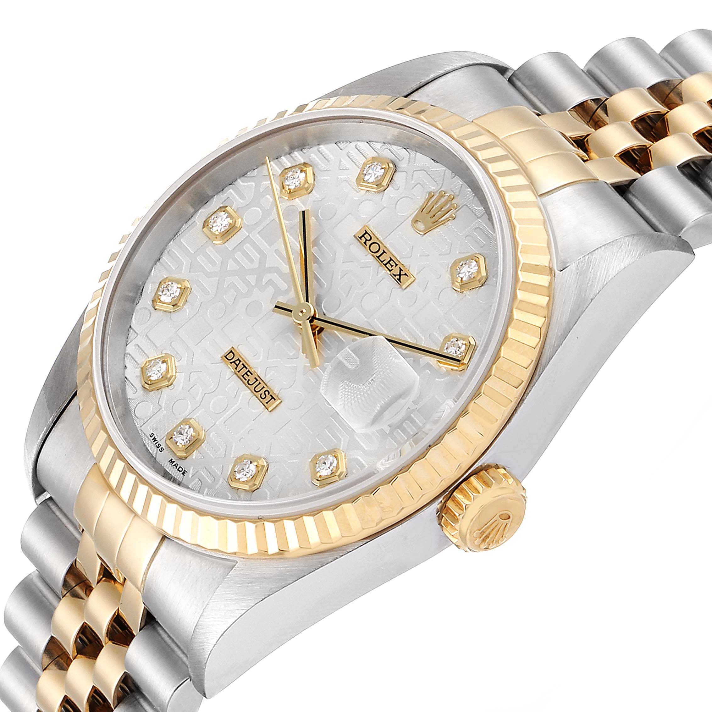 This is a side-angle view of a Rolex Datejust 16233 Men's Steel and Gold (two tone) Silver Dial 16233 Men's Steel and Gold (two tone) Silver Dial watch, showing the face, dial, bezel, crown, and part of the bracelet.