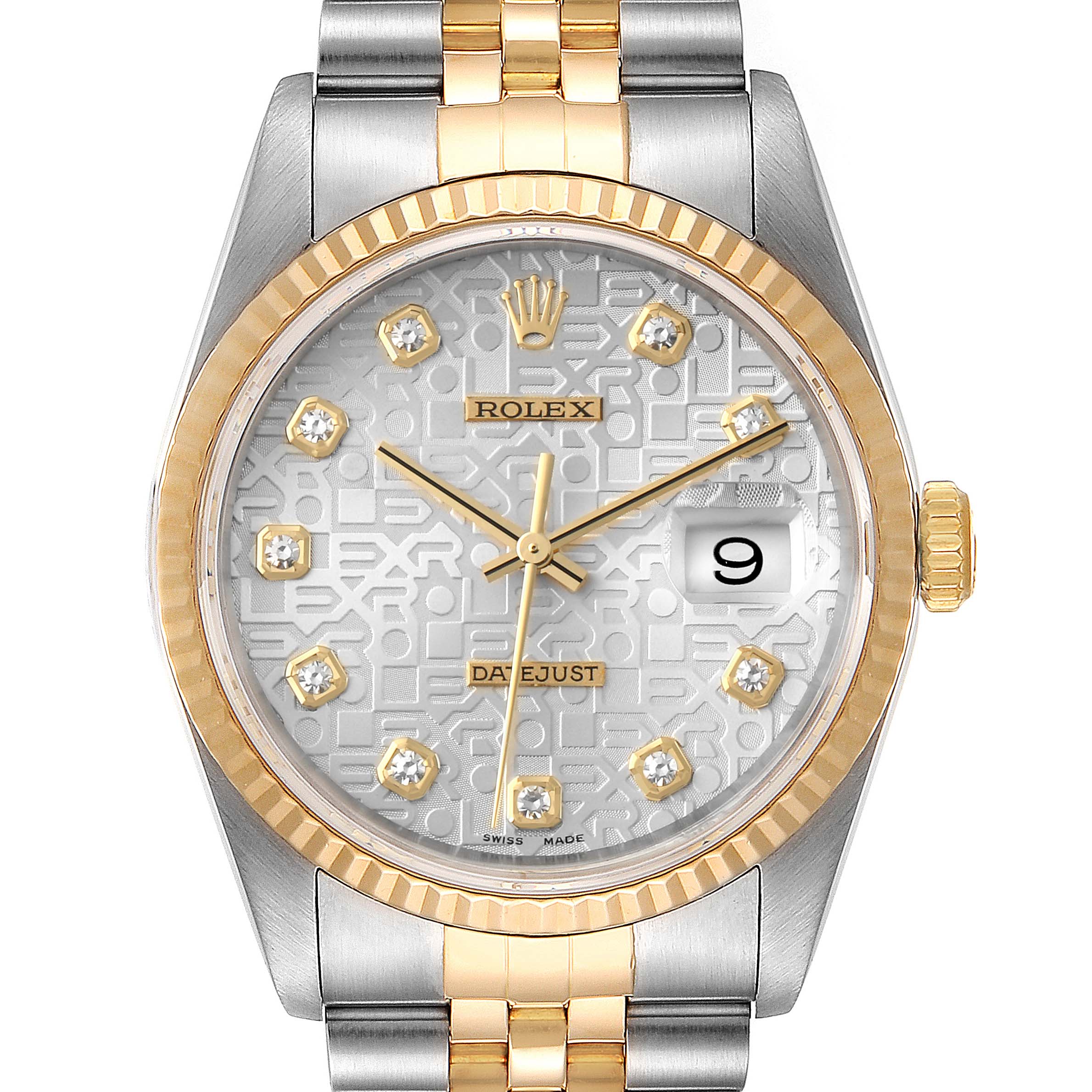 The image shows the dial, bezel, and part of the bracelet of a Rolex Datejust 16233 Men's Steel and Gold (two tone) Silver Dial 16233 Men's Steel and Gold (two tone) Silver Dial watch from a front angle.