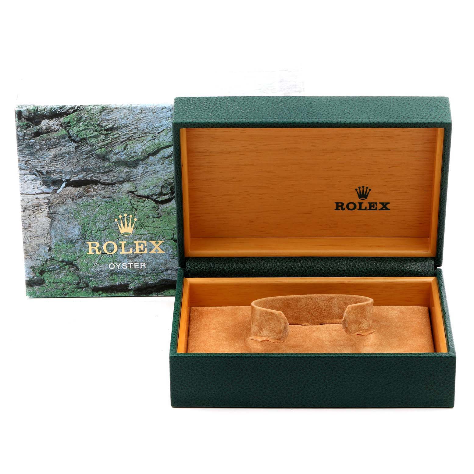 The image shows an open green Rolex watch box for a Datejust model, featuring the interior cushion and branded packaging.