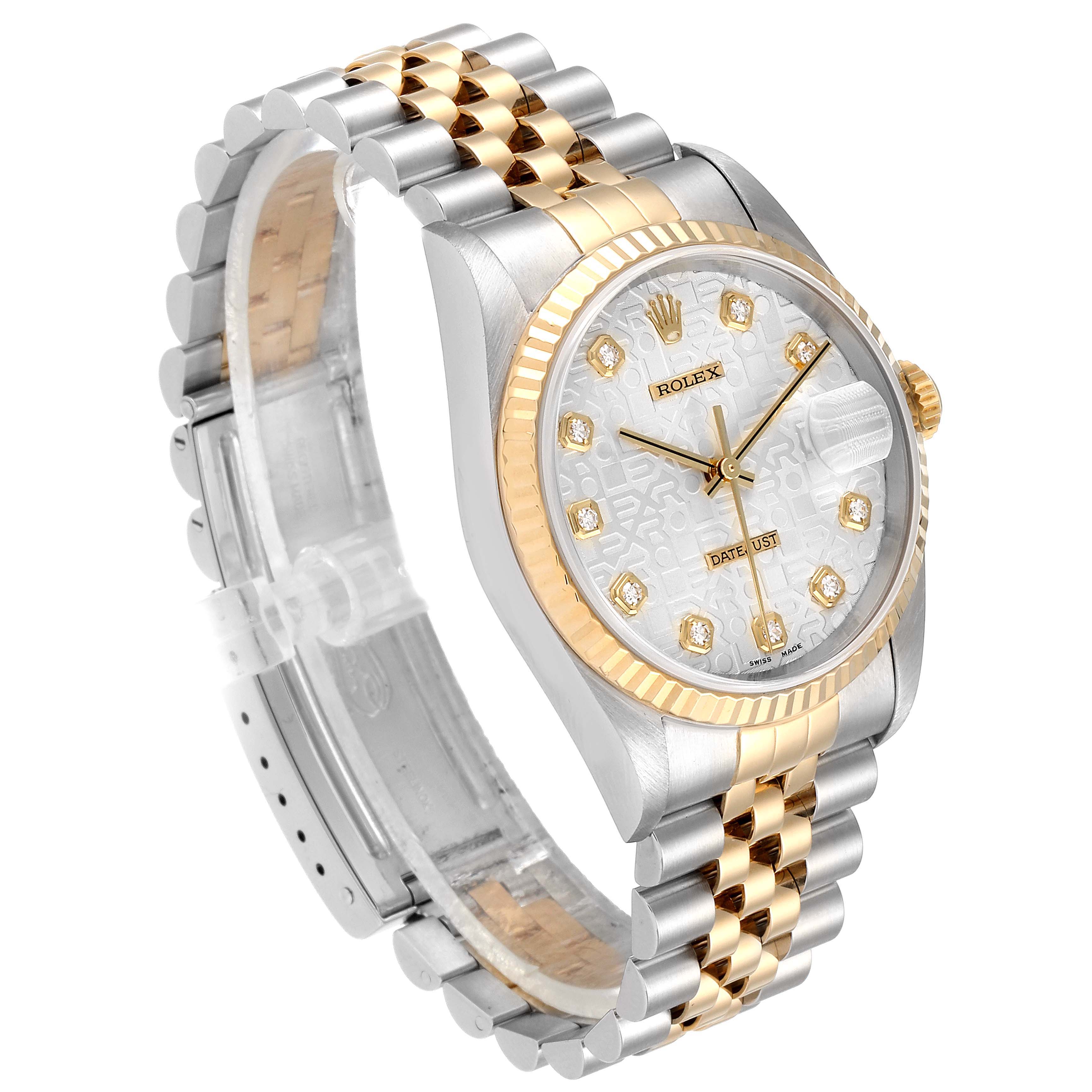 The Rolex Datejust 16233 Men's Steel and Gold (two tone) Silver Dial 16233 Men's Steel and Gold (two tone) Silver Dial watch is shown at an angle displaying the front dial, fluted bezel, and Jubilee bracelet.
