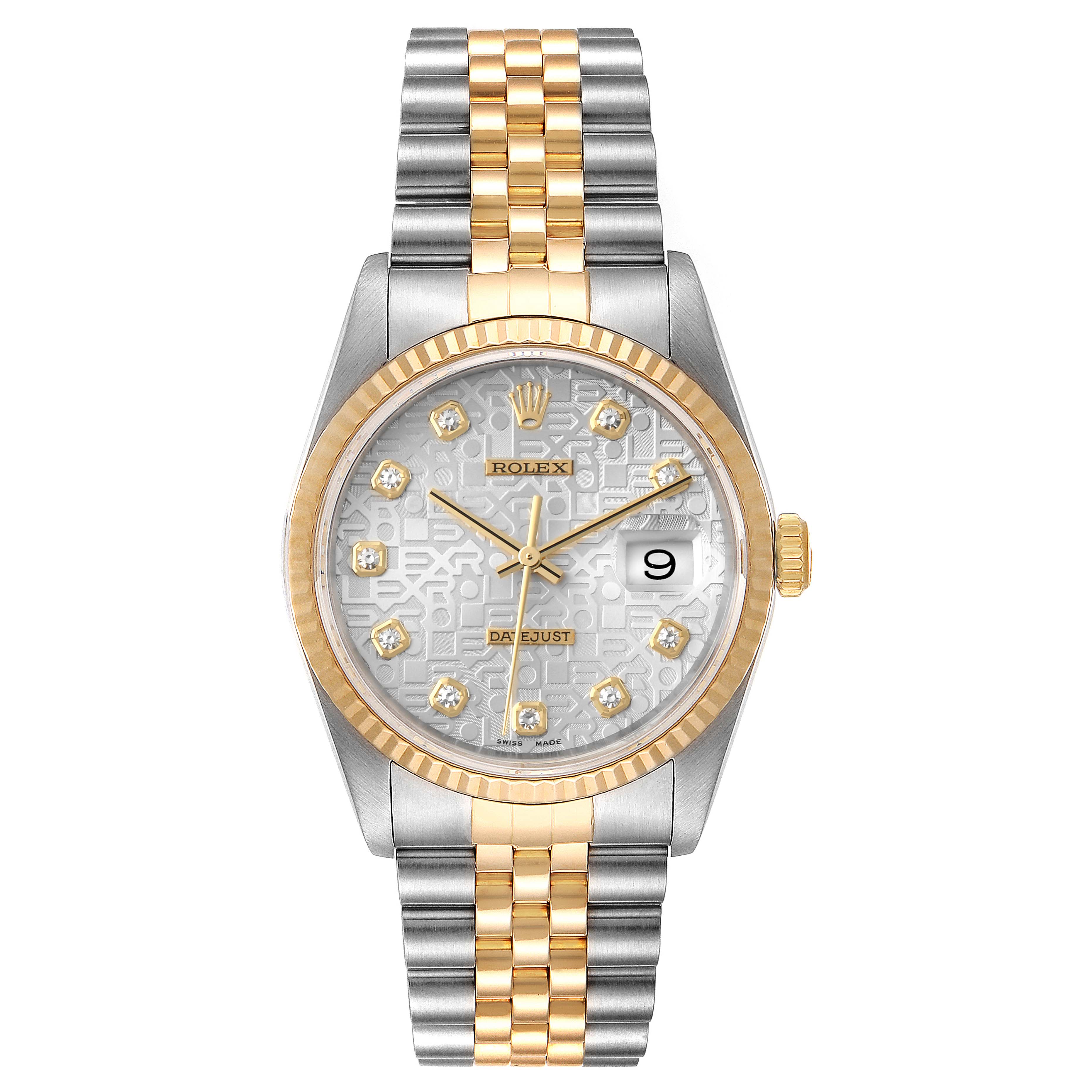 The Rolex Datejust 16233 Men's Steel and Gold (two tone) Silver Dial 16233 Men's Steel and Gold (two tone) Silver Dial watch is shown from a front angle, displaying the face, bezel, and bracelet.