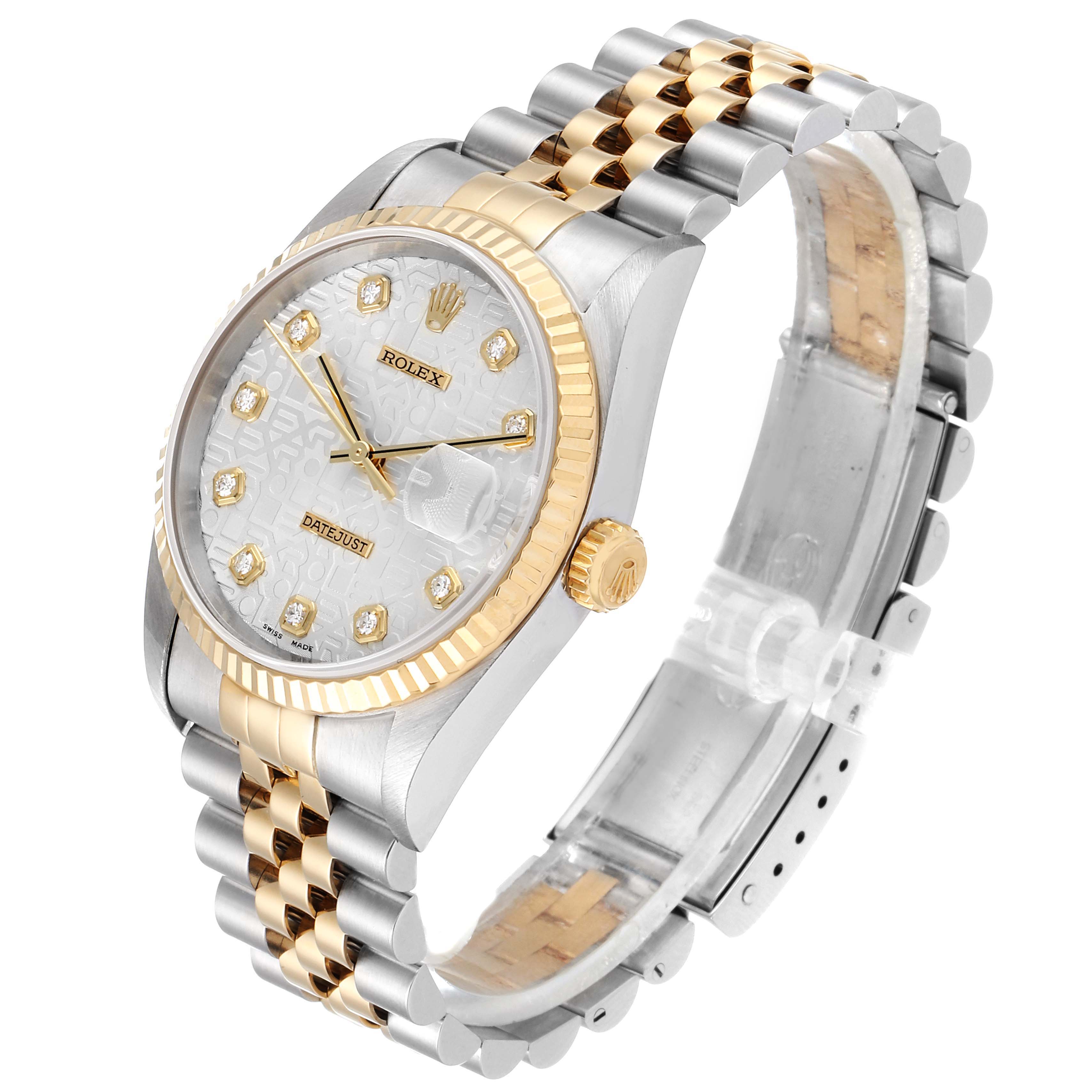 This image shows a Rolex Datejust 16233 Men's Steel and Gold (two tone) Silver Dial 16233 Men's Steel and Gold (two tone) Silver Dial watch angled to display the face, bezel, crown, and bracelet.