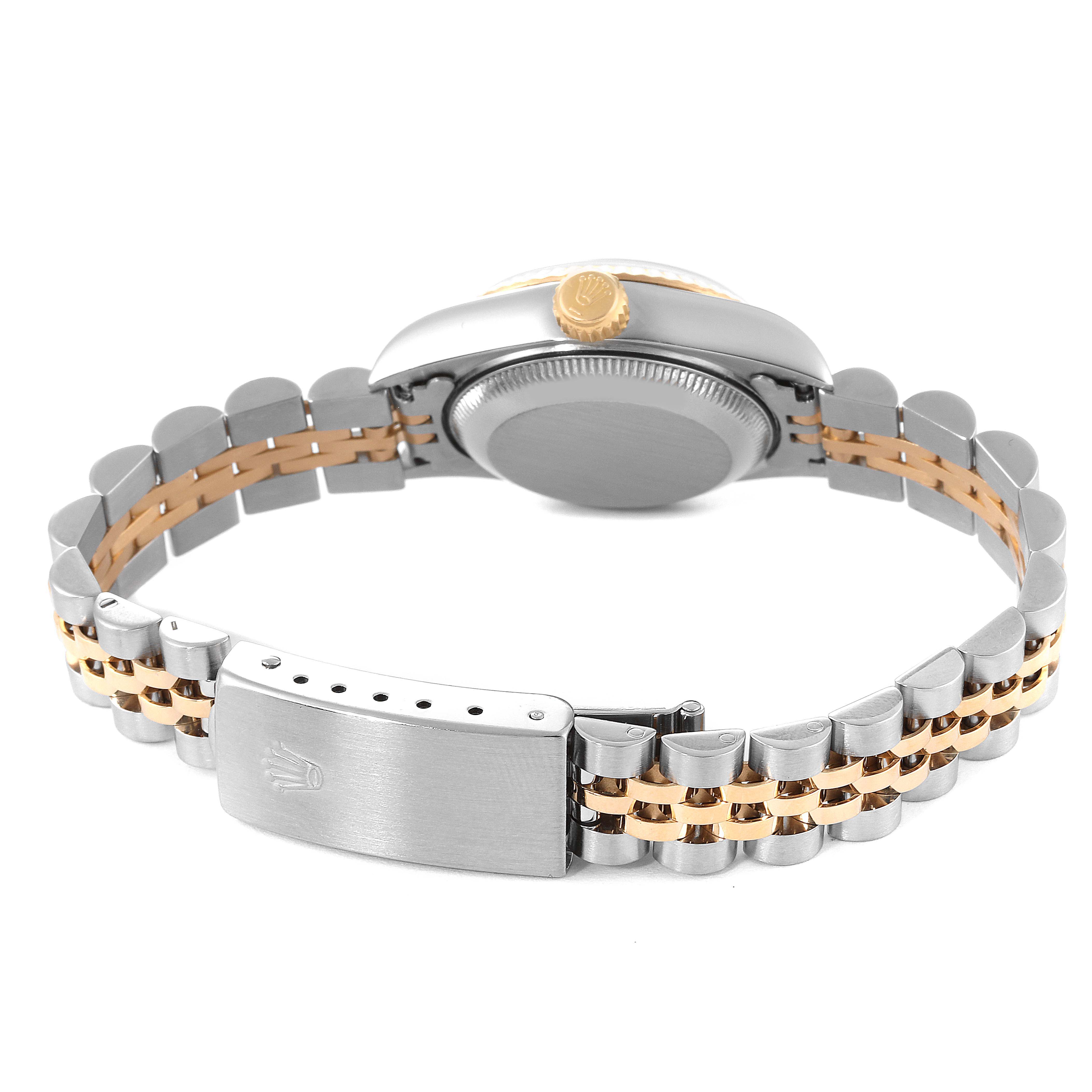 This image shows the back and clasp of a Rolex Datejust 69173 Women's Steel and Gold (two tone) Grey Dial 69173 Women's Steel and Gold (two tone) Grey Dial watch, highlighting its two-tone bracelet and crown.
