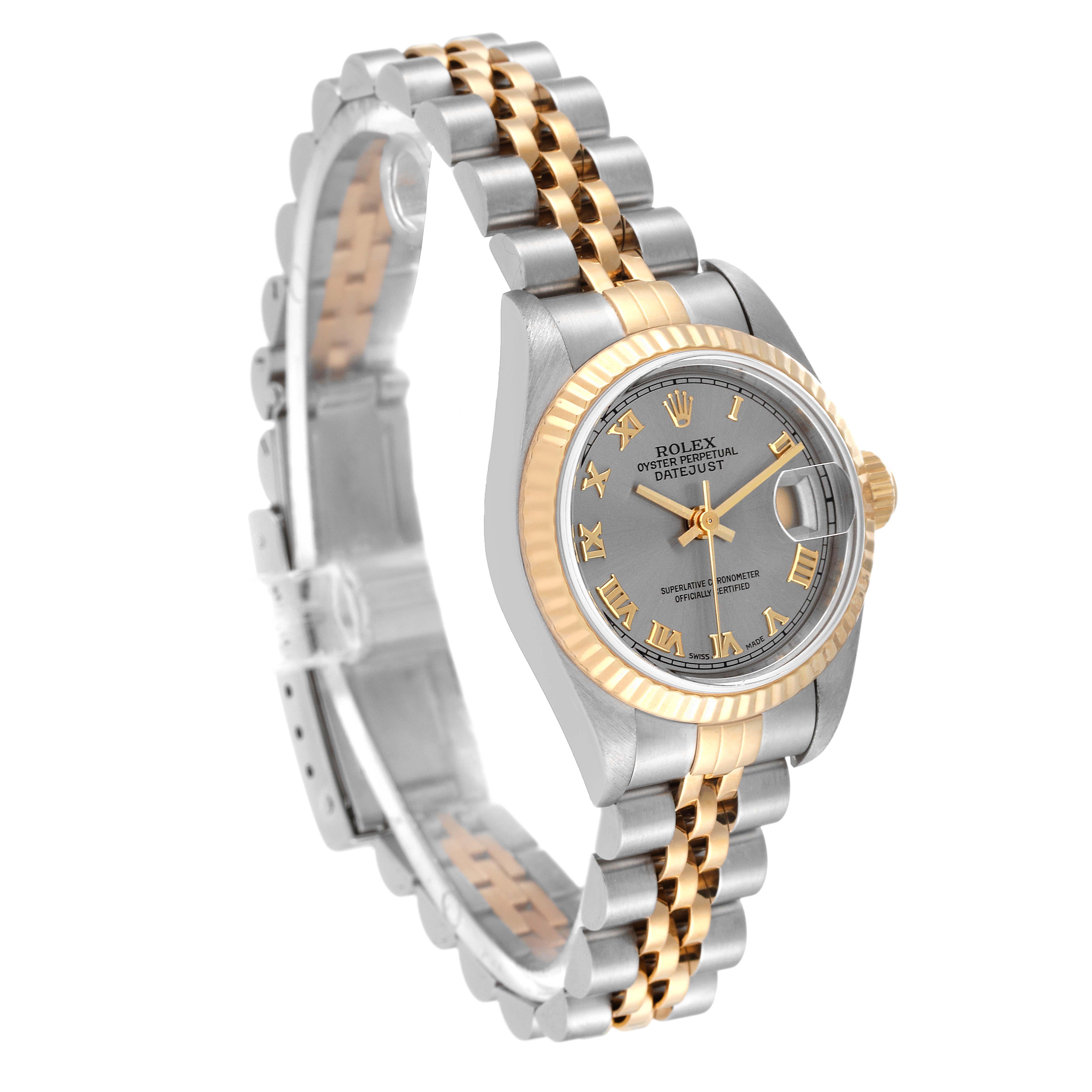 The image shows a Rolex Datejust 69173 Women's Steel and Gold (two tone) Grey Dial 69173 Women's Steel and Gold (two tone) Grey Dial watch at an angled view, featuring its two-tone bracelet, fluted bezel, and gray dial with Roman numerals.