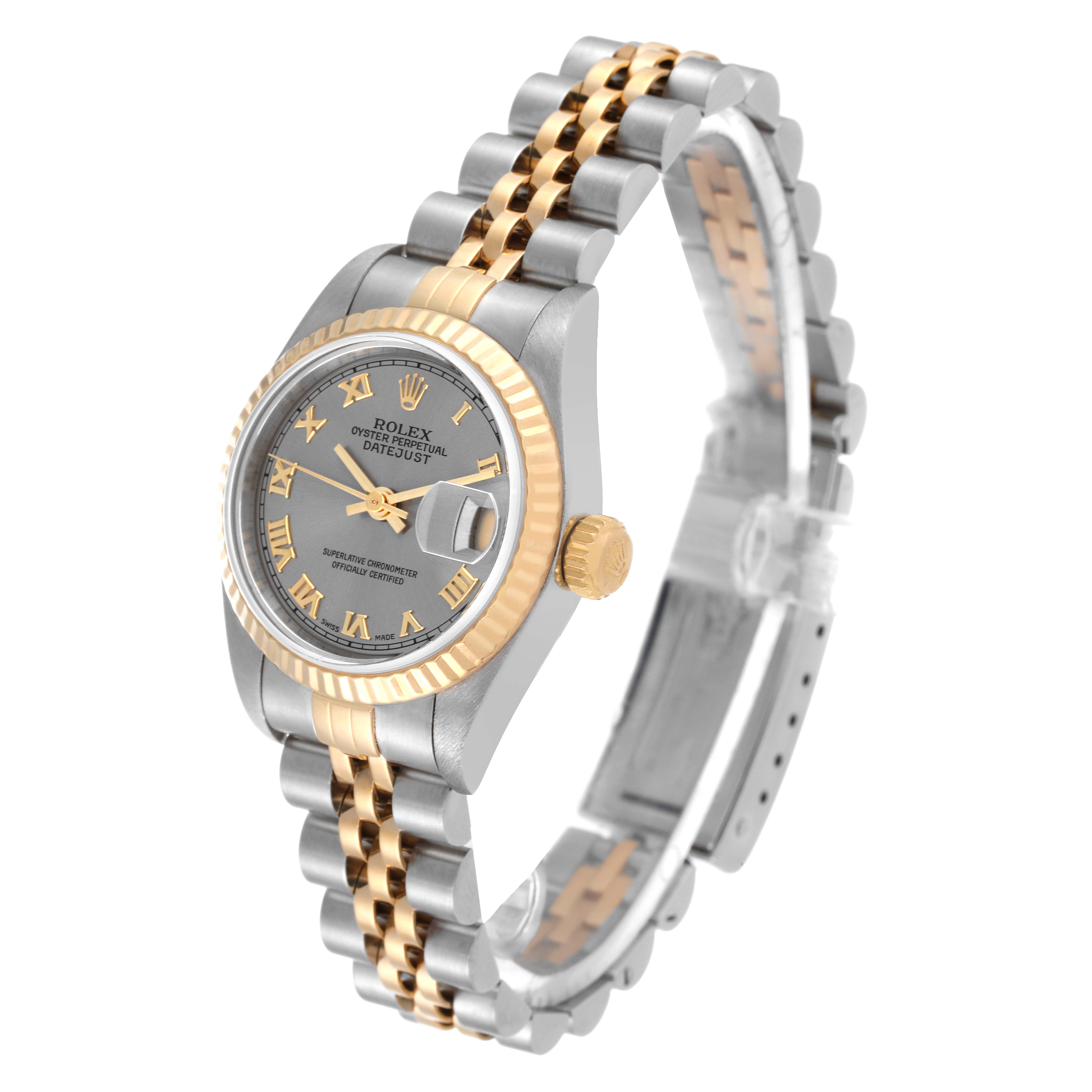 The Rolex Datejust 69173 Women's Steel and Gold (two tone) Grey Dial 69173 Women's Steel and Gold (two tone) Grey Dial watch is shown at a slight angle, displaying the dial, bezel, crown, and two-tone bracelet.