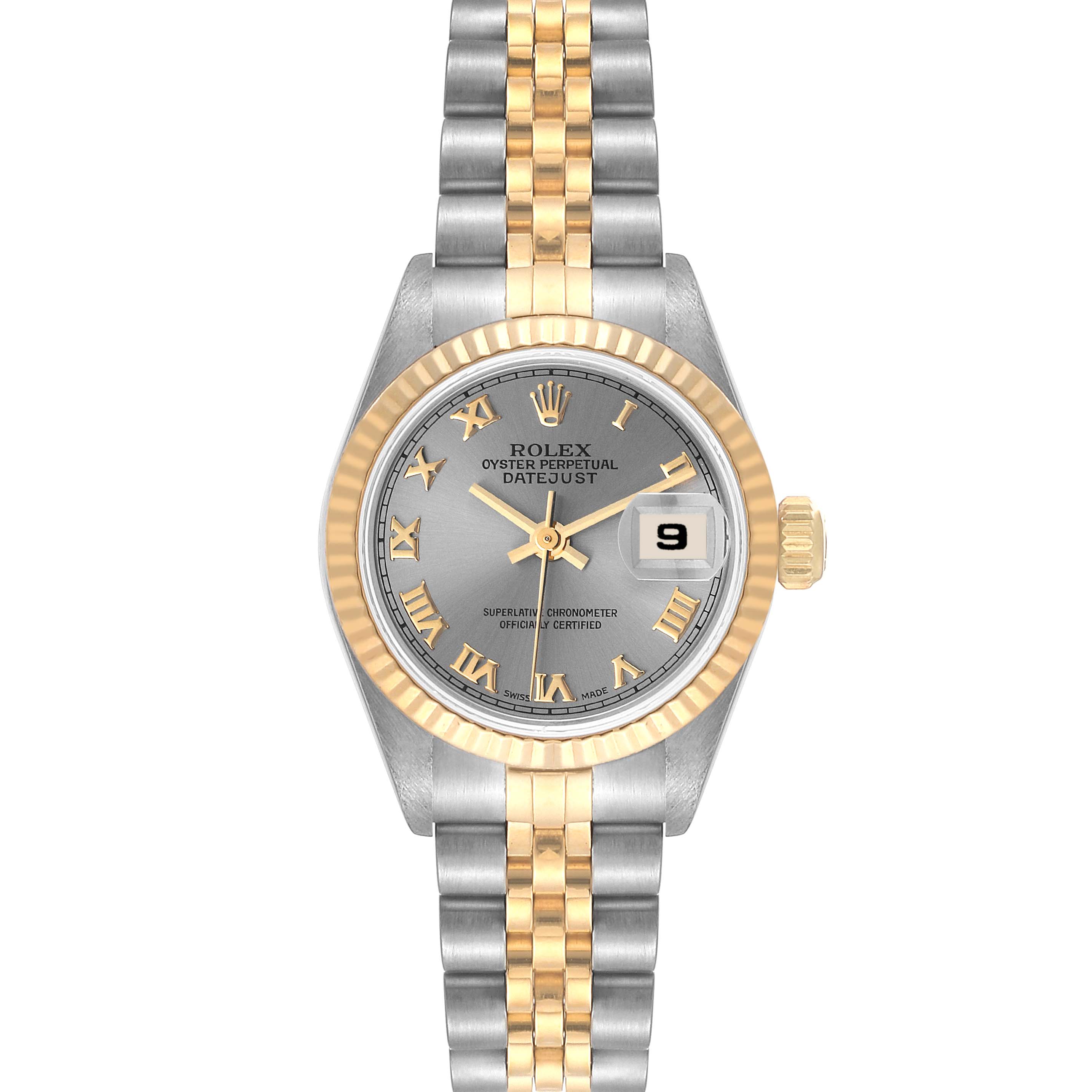 This image shows a front view of a Rolex Datejust 69173 Women's Steel and Gold (two tone) Grey Dial 69173 Women's Steel and Gold (two tone) Grey Dial watch, highlighting the face, bezel, crown, and bracelet.