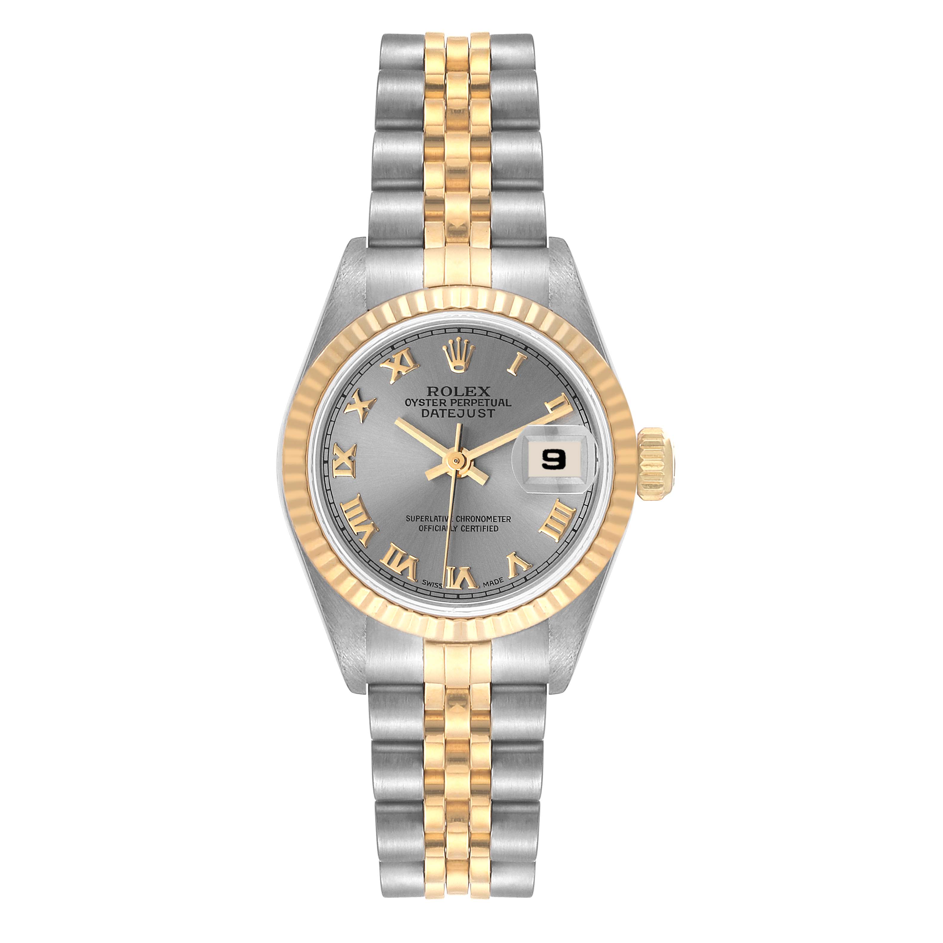 The image shows a front view of a Rolex Datejust 69173 Women's Steel and Gold (two tone) Grey Dial 69173 Women's Steel and Gold (two tone) Grey Dial watch featuring its face, bezel, crown, and bracelet.