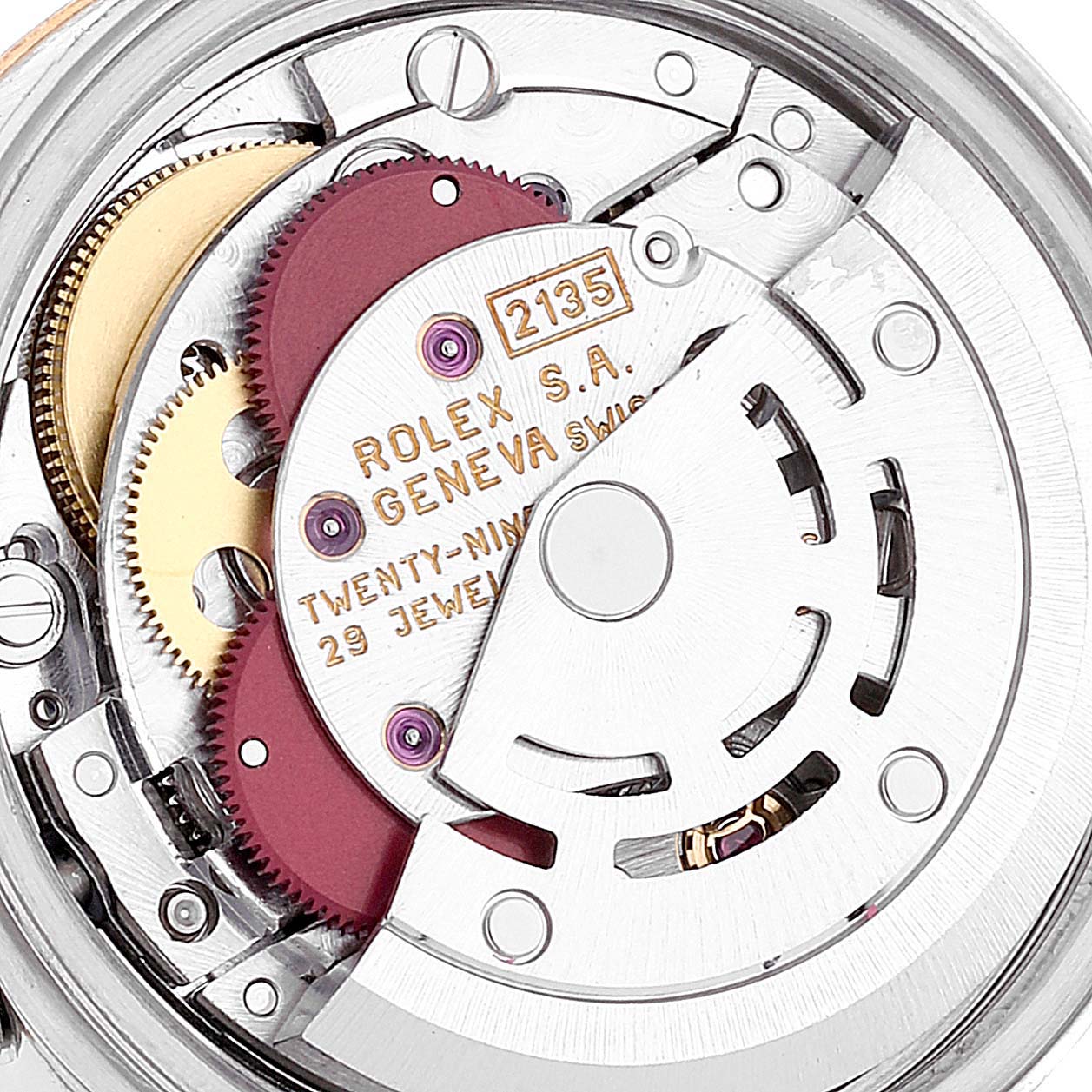 This image shows the internal movement mechanism of the Rolex Datejust 69173 Women's Steel and Gold (two tone) Grey Dial 69173 Women's Steel and Gold (two tone) Grey Dial watch, highlighting gears and components up close.