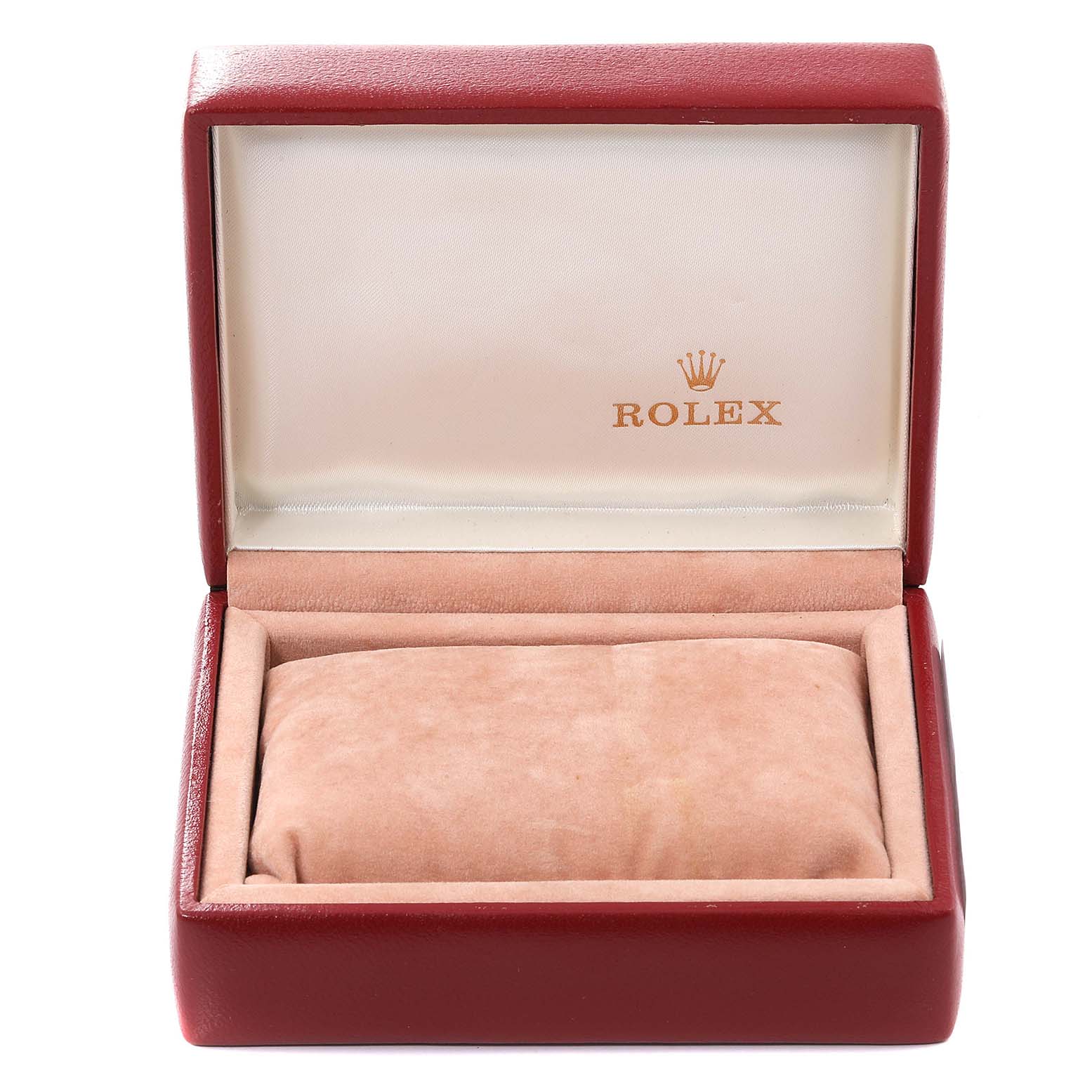 This image shows an open Rolex watch box for the Datejust model, with a plush cushion inside.