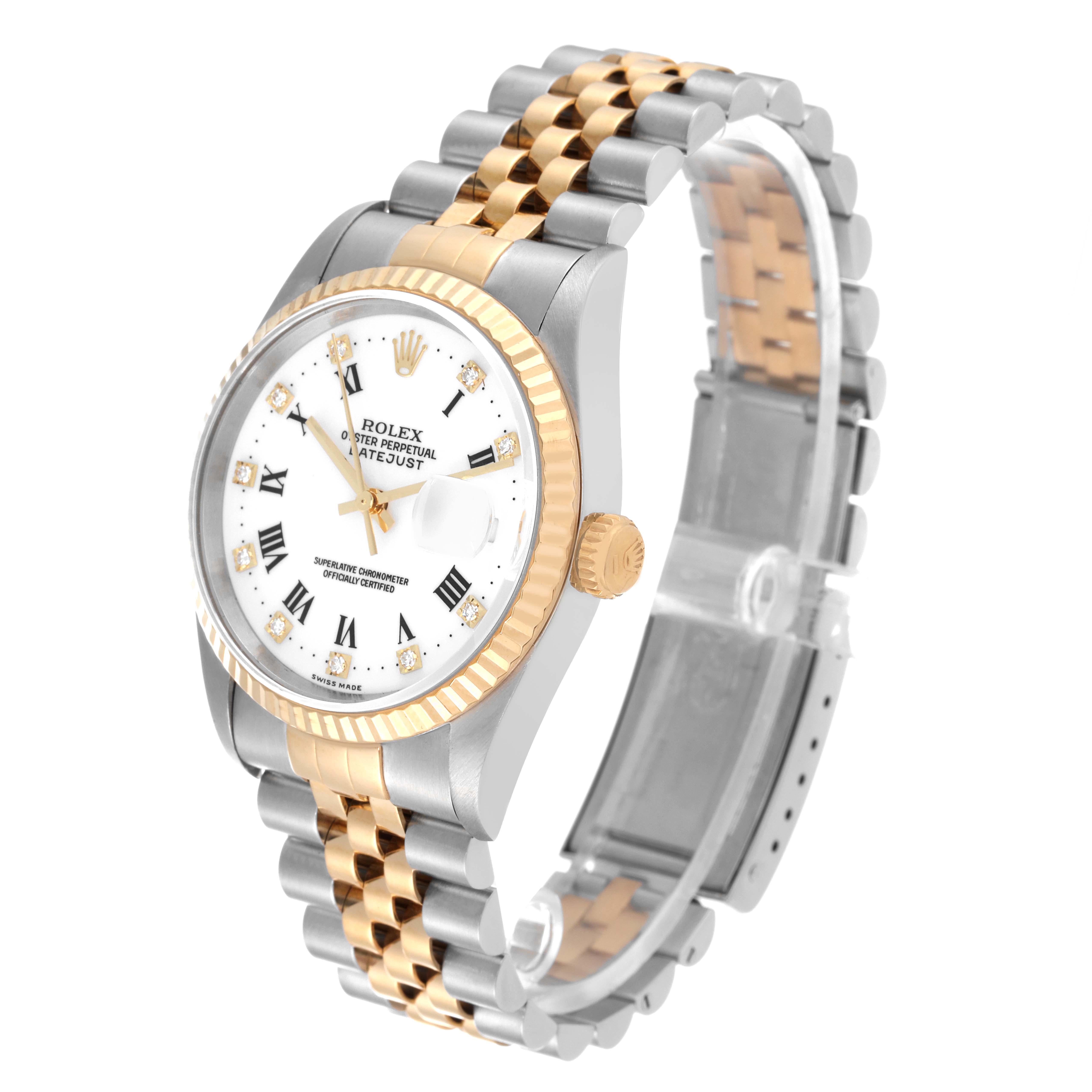 This image shows a Rolex Datejust 16233 Men's Steel and Gold (two tone) White Dial 16233 Men's Steel and Gold (two tone) White Dial watch from an oblique angle, displaying its dial, bezel, crown, and bracelet.