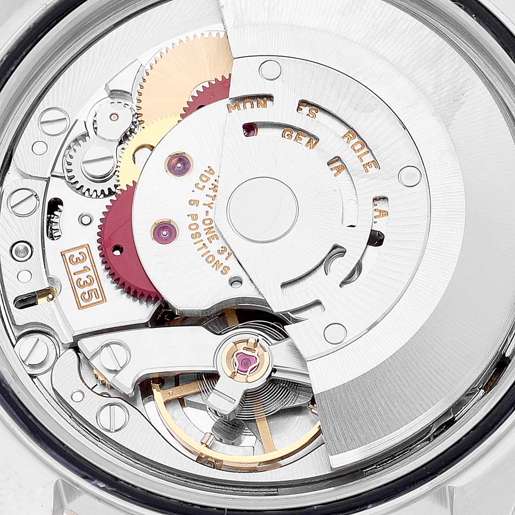 This image shows a close-up view of the internal mechanism of a Rolex Datejust 16233 Men's Steel and Gold (two tone) White Dial 16233 Men's Steel and Gold (two tone) White Dial watch.