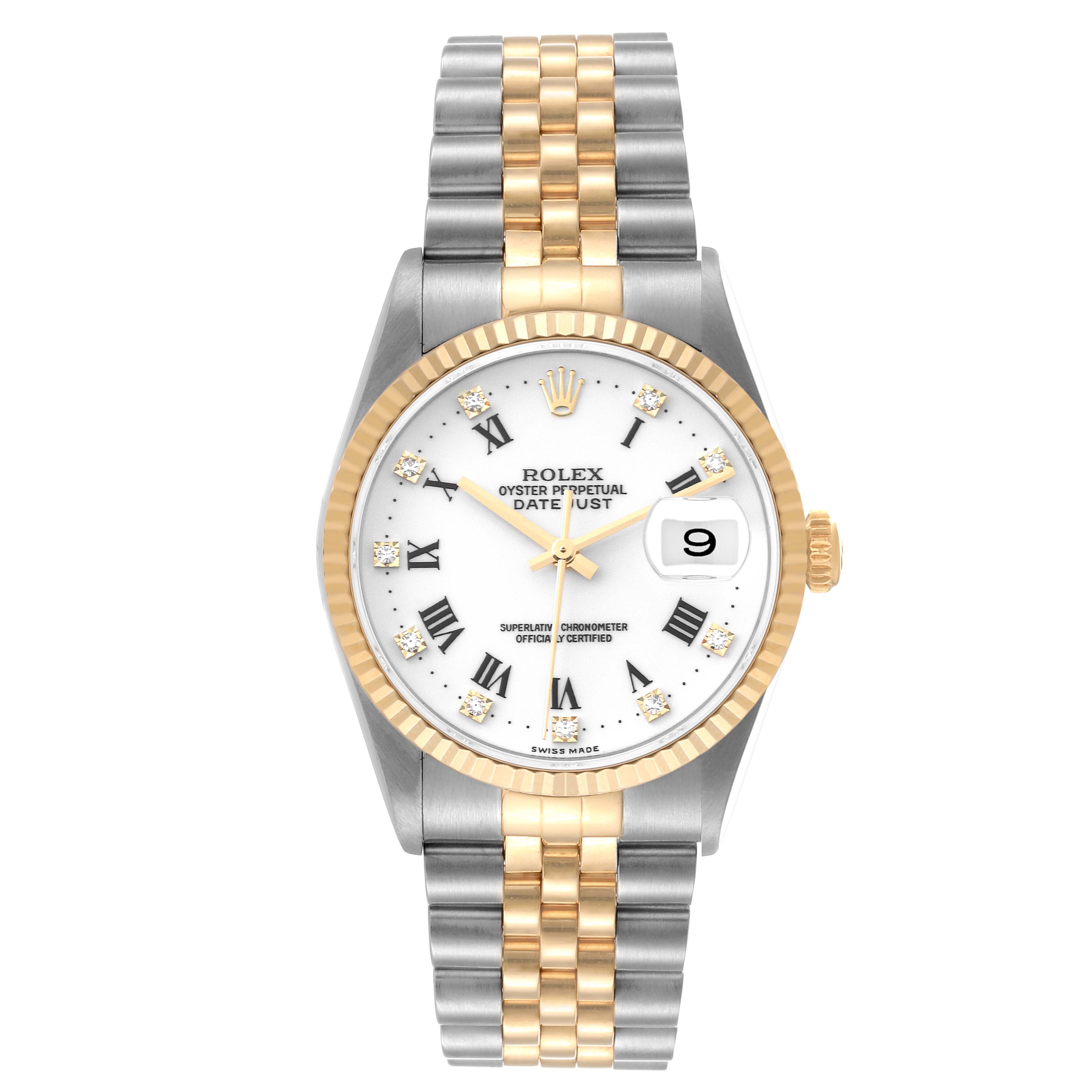 This Rolex Datejust 16233 Men's Steel and Gold (two tone) White Dial 16233 Men's Steel and Gold (two tone) White Dial watch is shown from a top-down angle, displaying the dial, bezel, and bracelet.